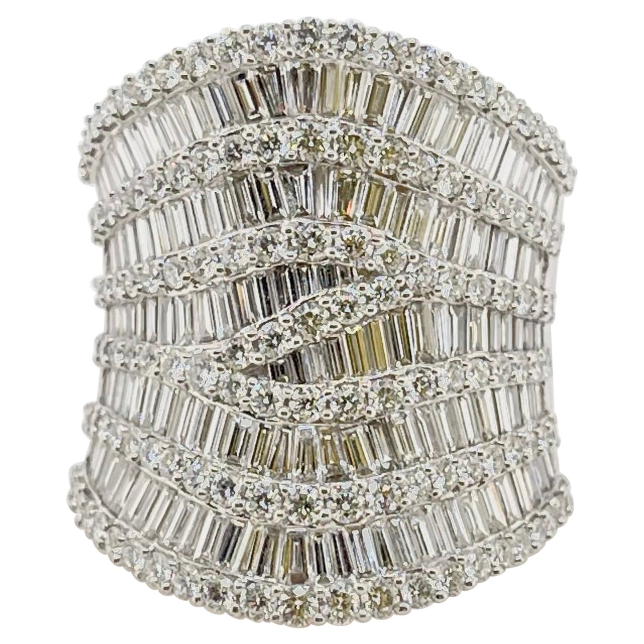 18kt White Gold Wide Concave 5 Row Baguette & Round Diamond Cocktail Ring