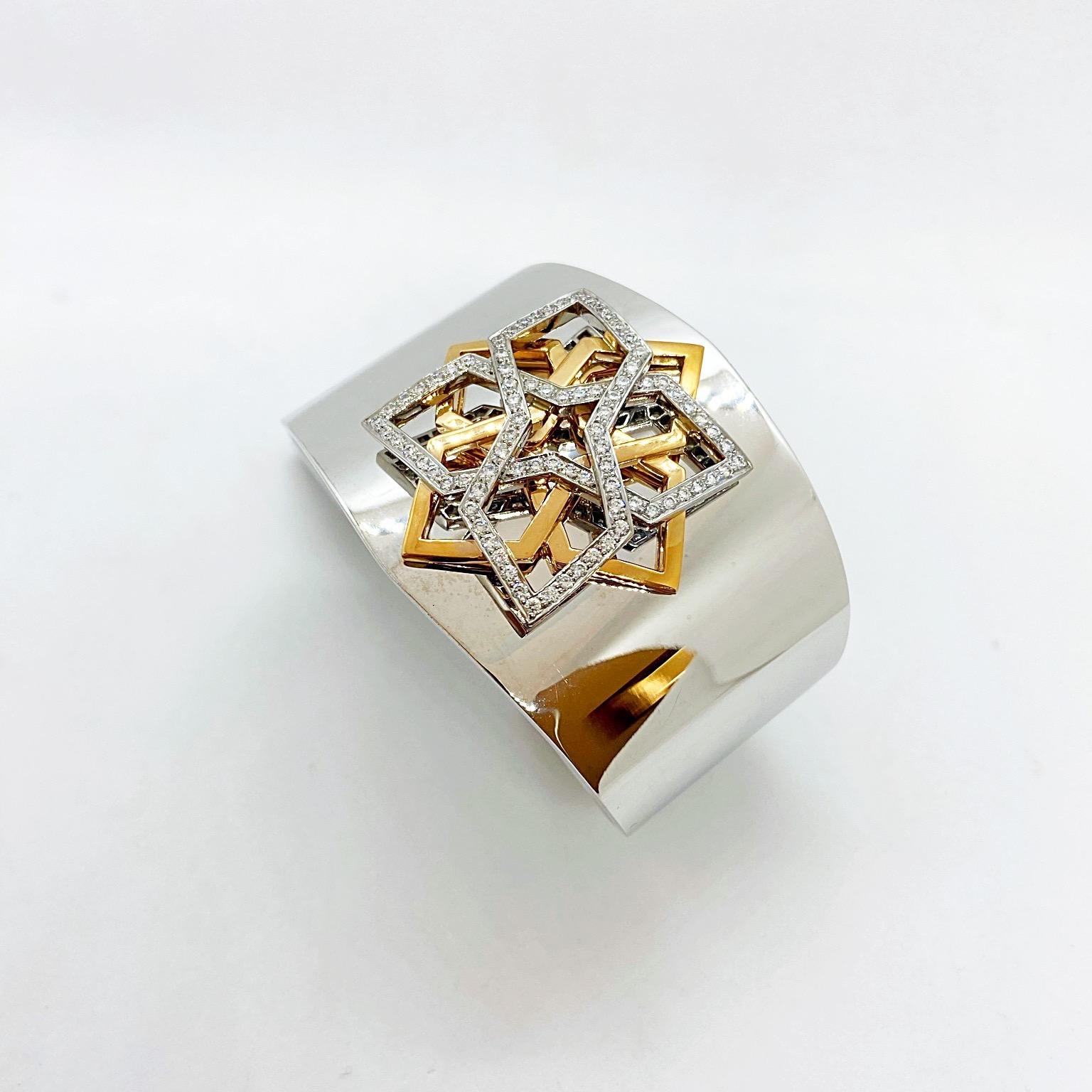 Bracelet manchette large en or blanc 18 carats avec diamants de 1,25 carat et or rose Neuf - En vente à New York, NY