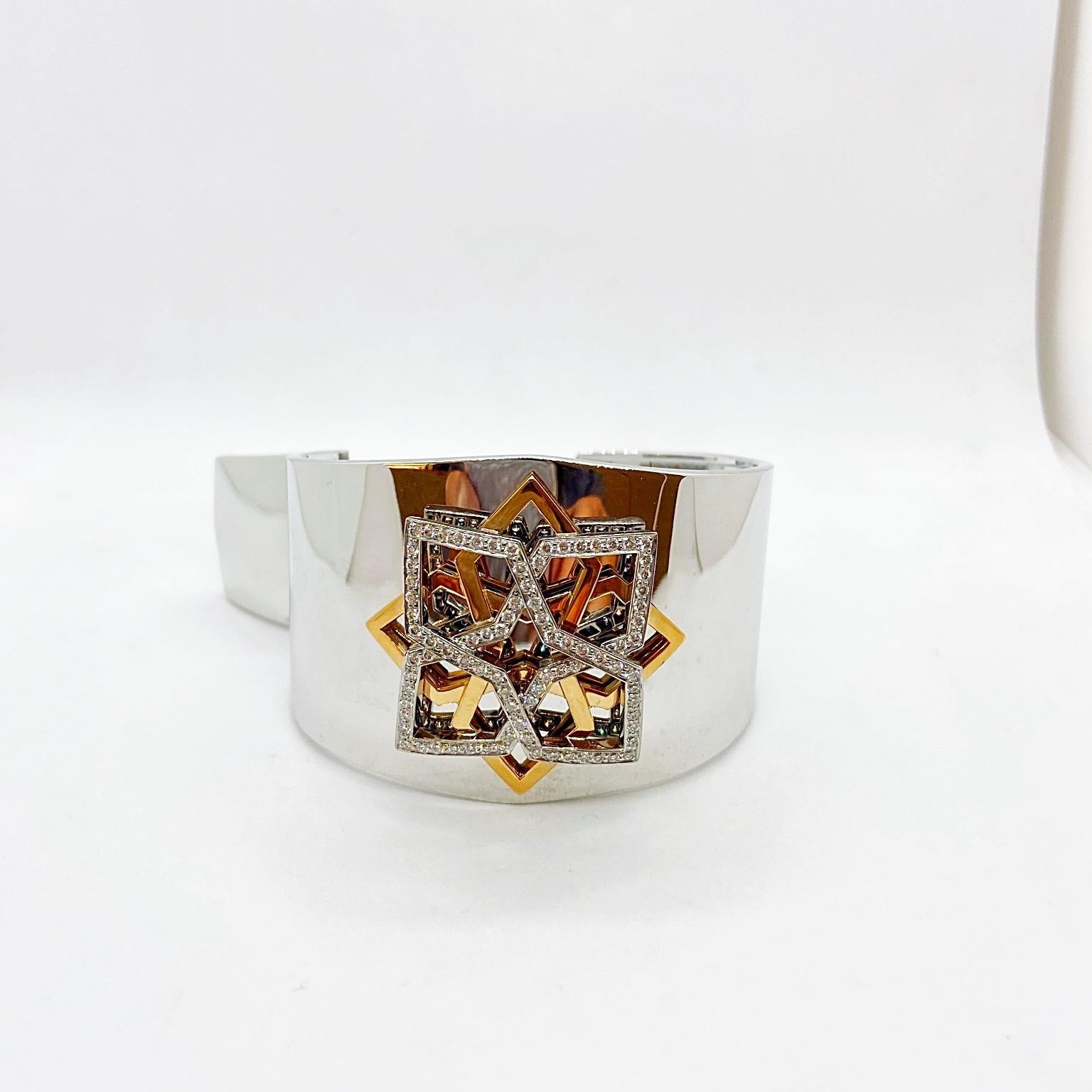 Round Cut 18 Karat White Gold Wide Cuff Bracelet with 1.25 Carat Diamonds and Rose Gold For Sale