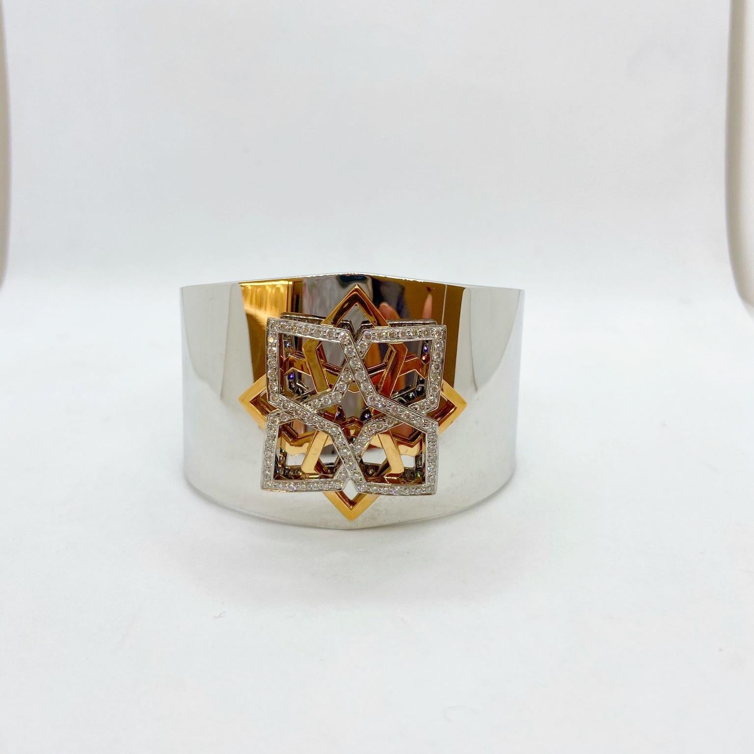 18 Karat White Gold Wide Cuff Bracelet with 1.25 Carat Diamonds and Rose Gold In New Condition For Sale In New York, NY