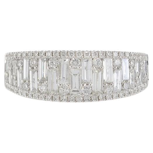 18KT White Gold Wide Diamond Band with Round and Baguette Cuts For Sale
