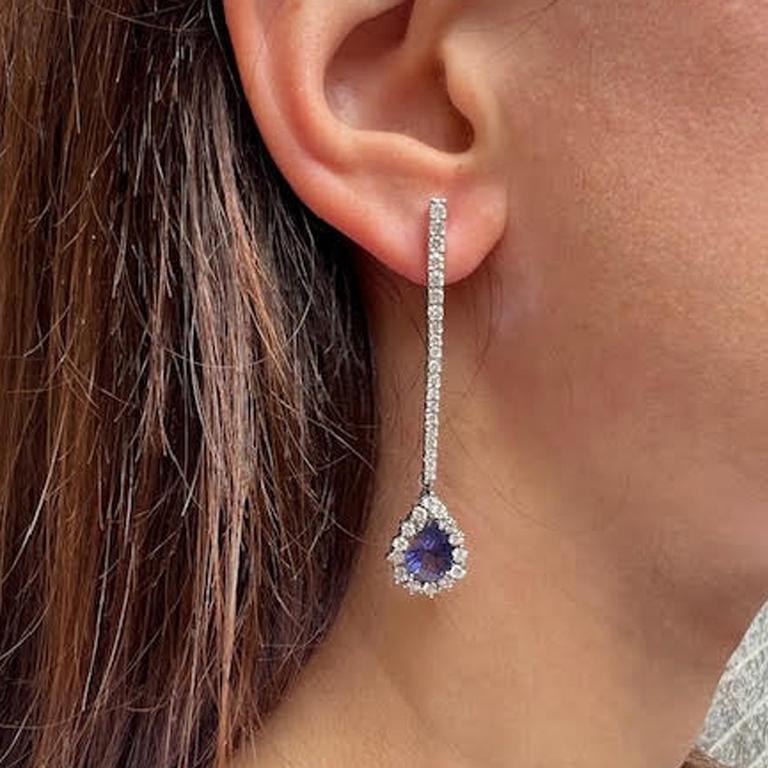 Contemporary 18kt White Gold with Amazing Drop Iolite and White Diamonds Modern Long Earrings For Sale