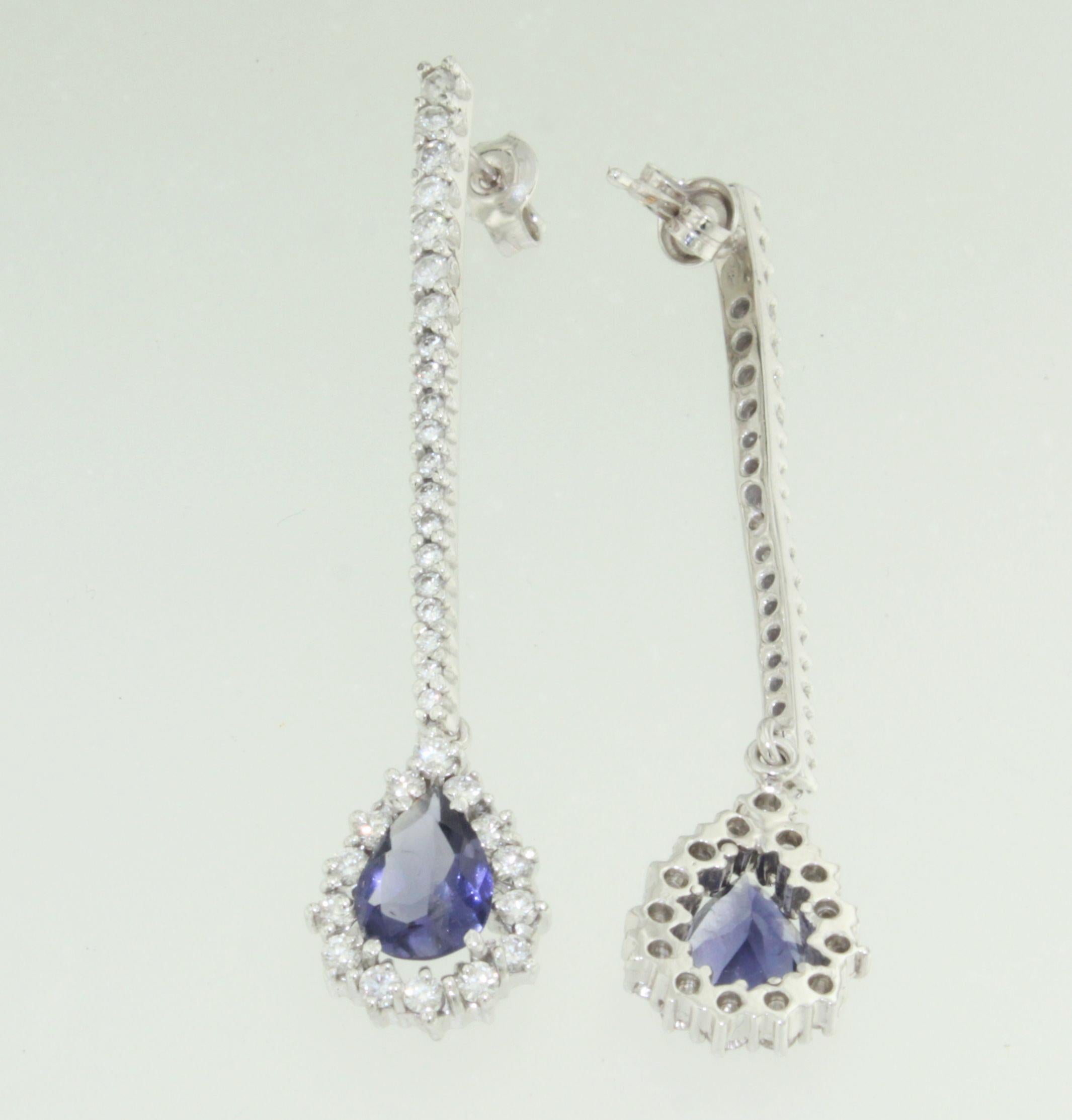 Round Cut 18kt White Gold with Amazing Drop Iolite and White Diamonds Modern Long Earrings For Sale