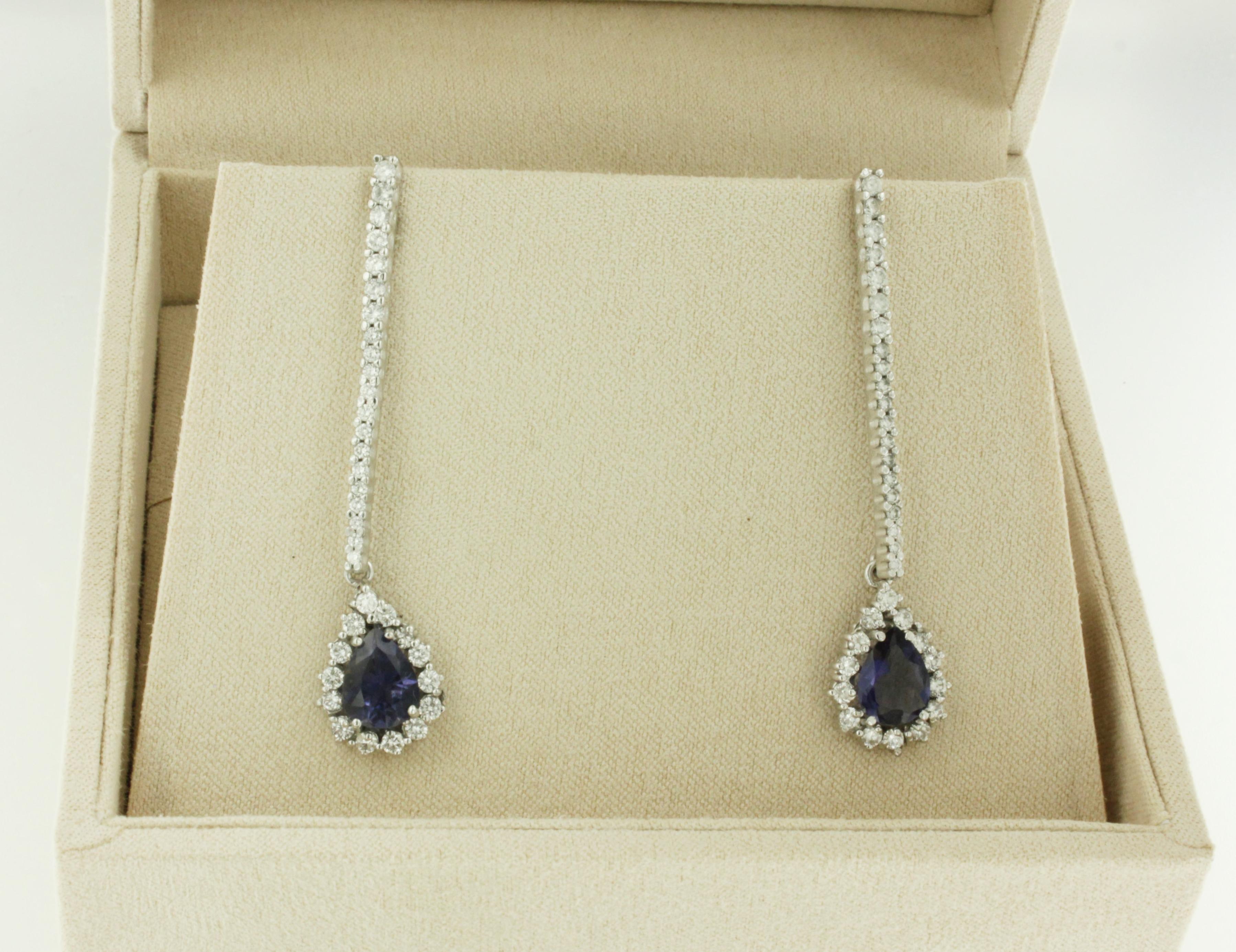 Women's or Men's 18kt White Gold with Amazing Drop Iolite and White Diamonds Modern Long Earrings For Sale