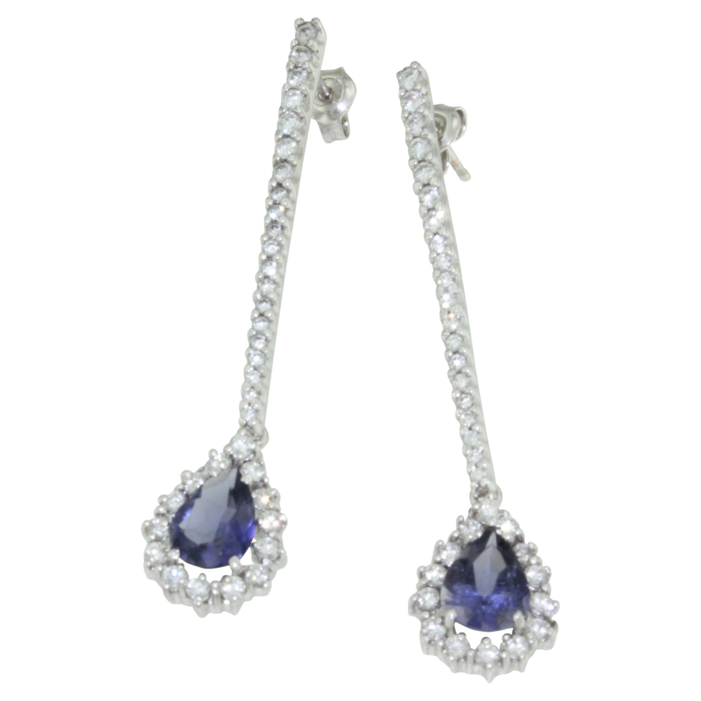18kt White Gold with Amazing Drop Iolite and White Diamonds Modern Long Earrings
