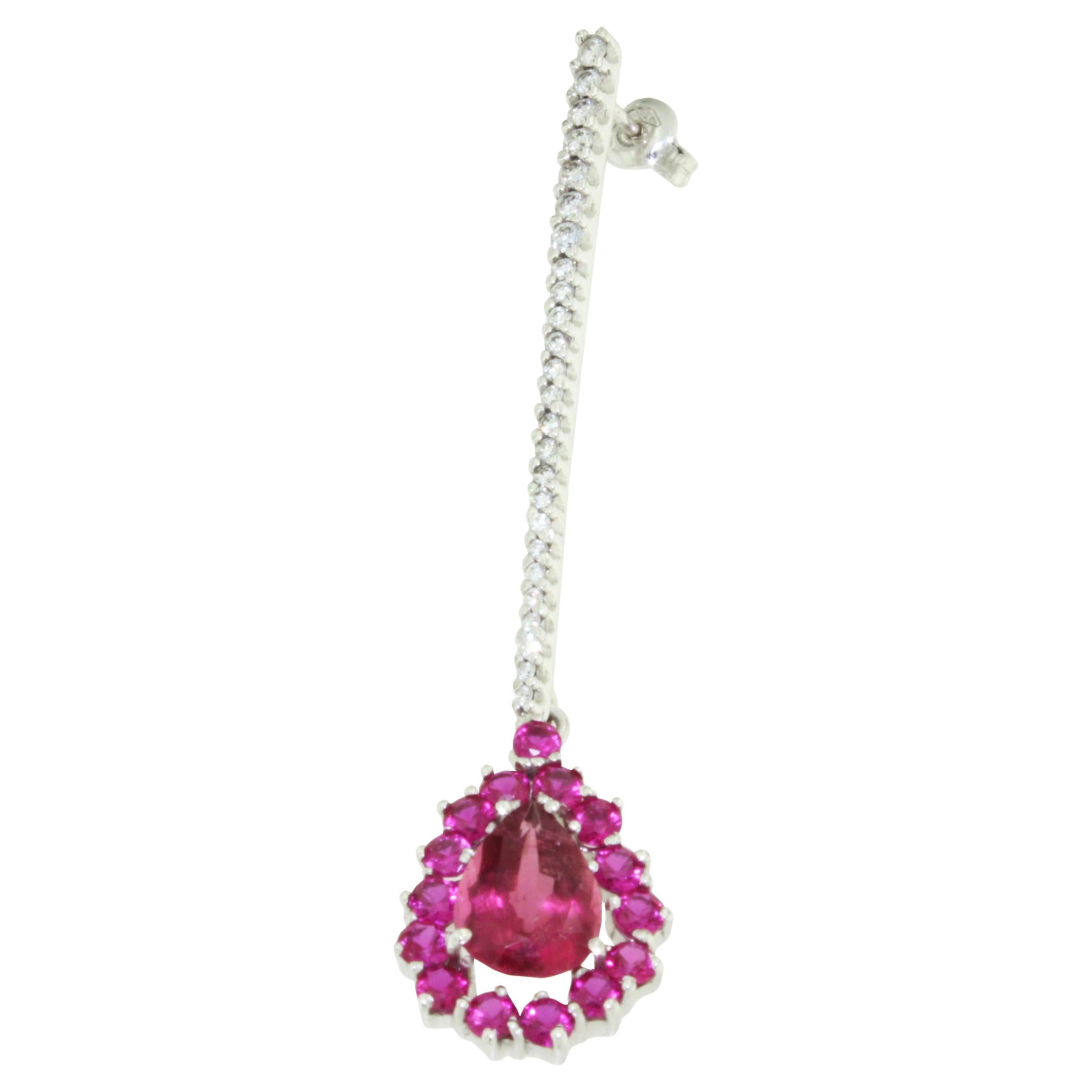 18kt White Gold Amazing Drop Tourmaline  White Diamonds Modern Single Earring