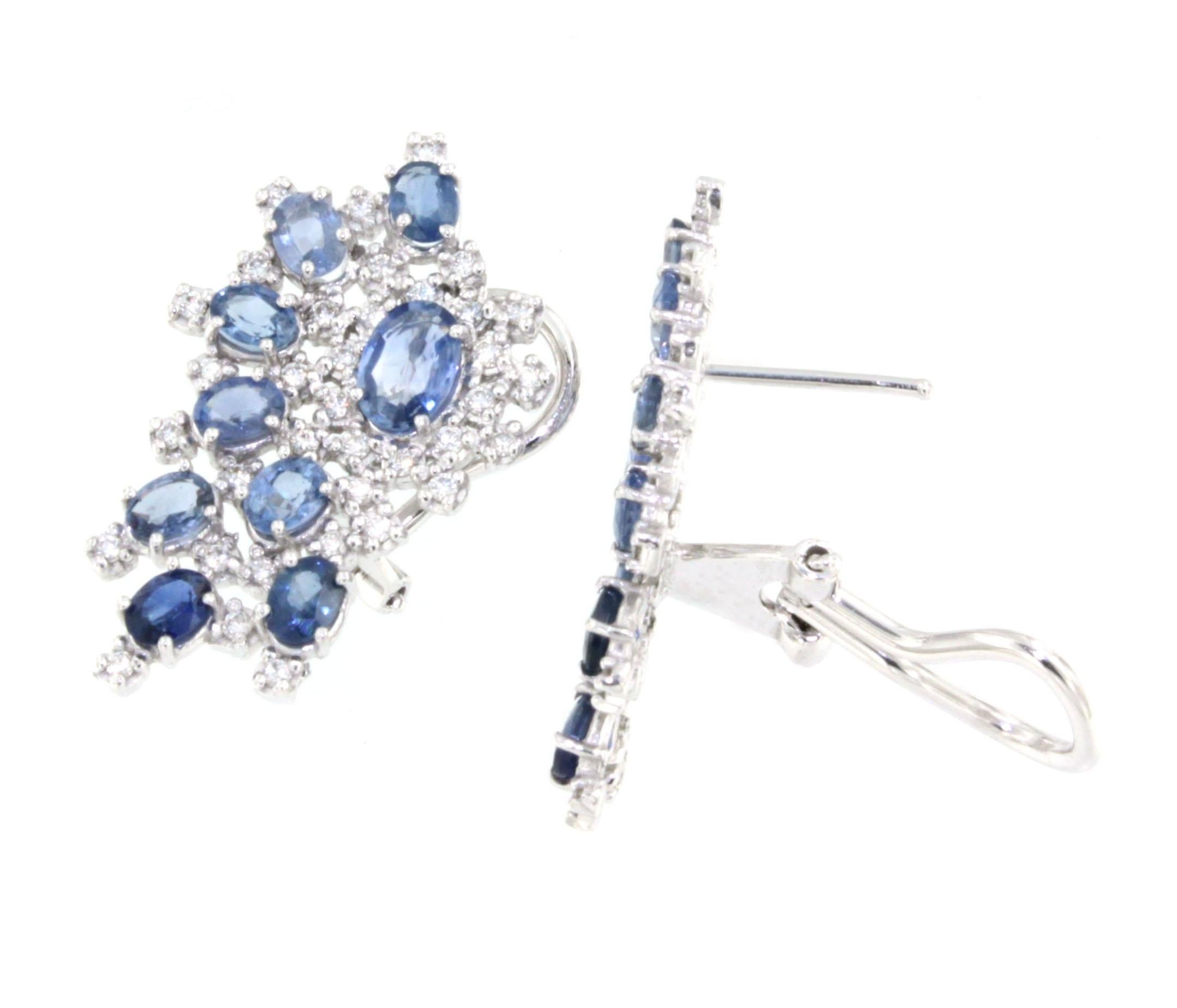 Oval Cut 18kt White Gold with Blue Sapphire and White Diamonds Amazing Elegant Earrings For Sale