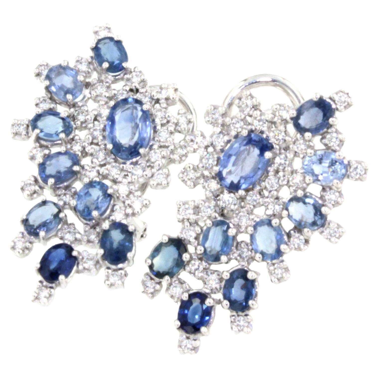 18kt White Gold with Blue Sapphire and White Diamonds Amazing Elegant Earrings For Sale