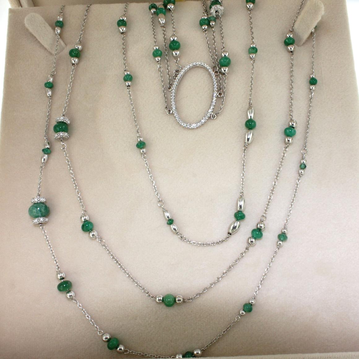 18kt White Gold with Emerald and White Diamonds Necklace In New Condition In GALLARATE, IT