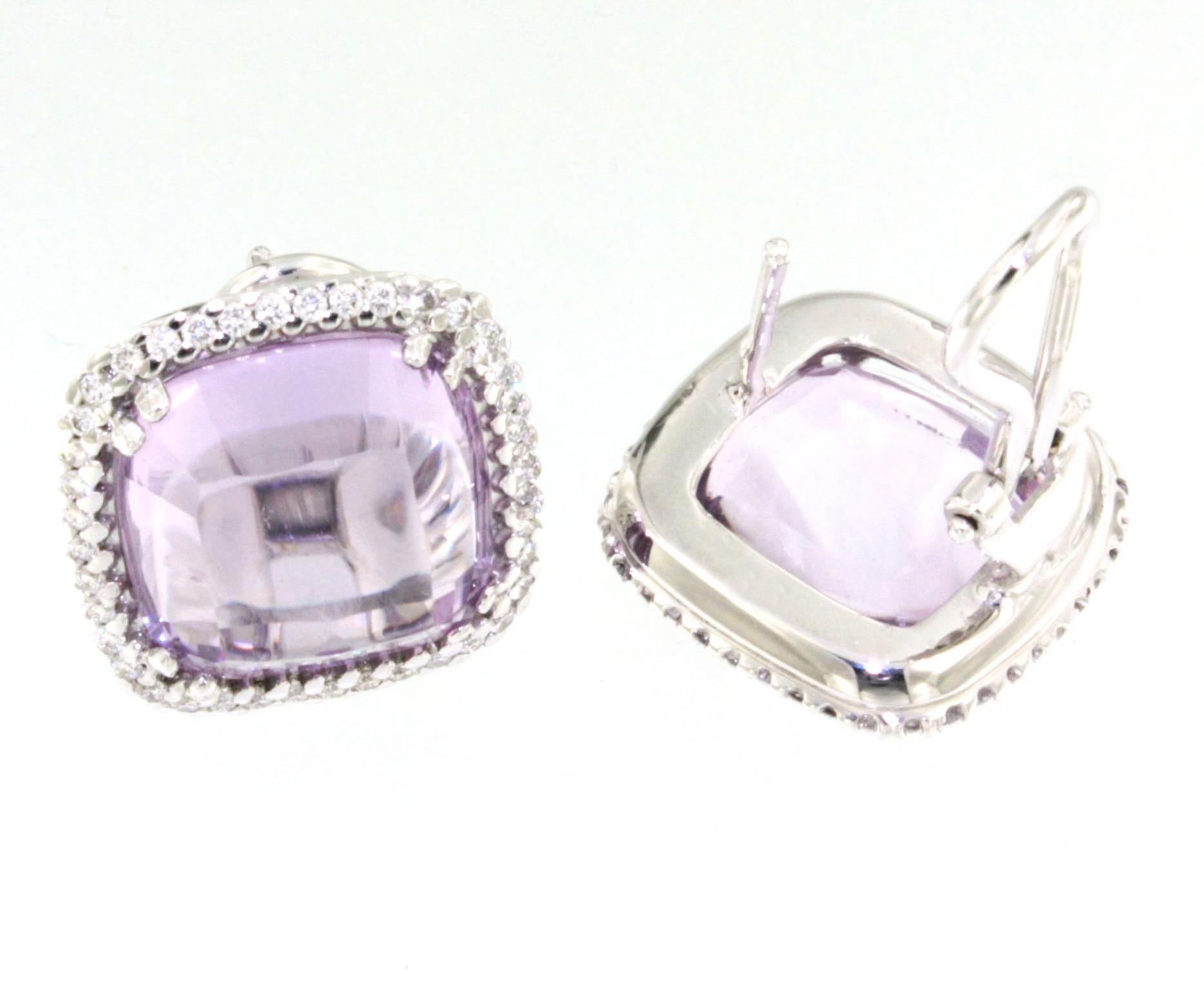 Cushion Cut 18kt White Gold with Light Amethyst and White Diamons Timeless Amazing Earrings For Sale