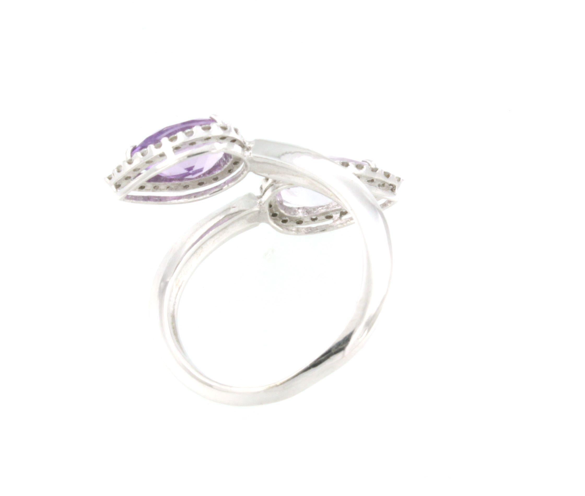 Pear Cut 18Kt White Gold with Light and Dark Amethyst and White Diamonds Ring For Sale