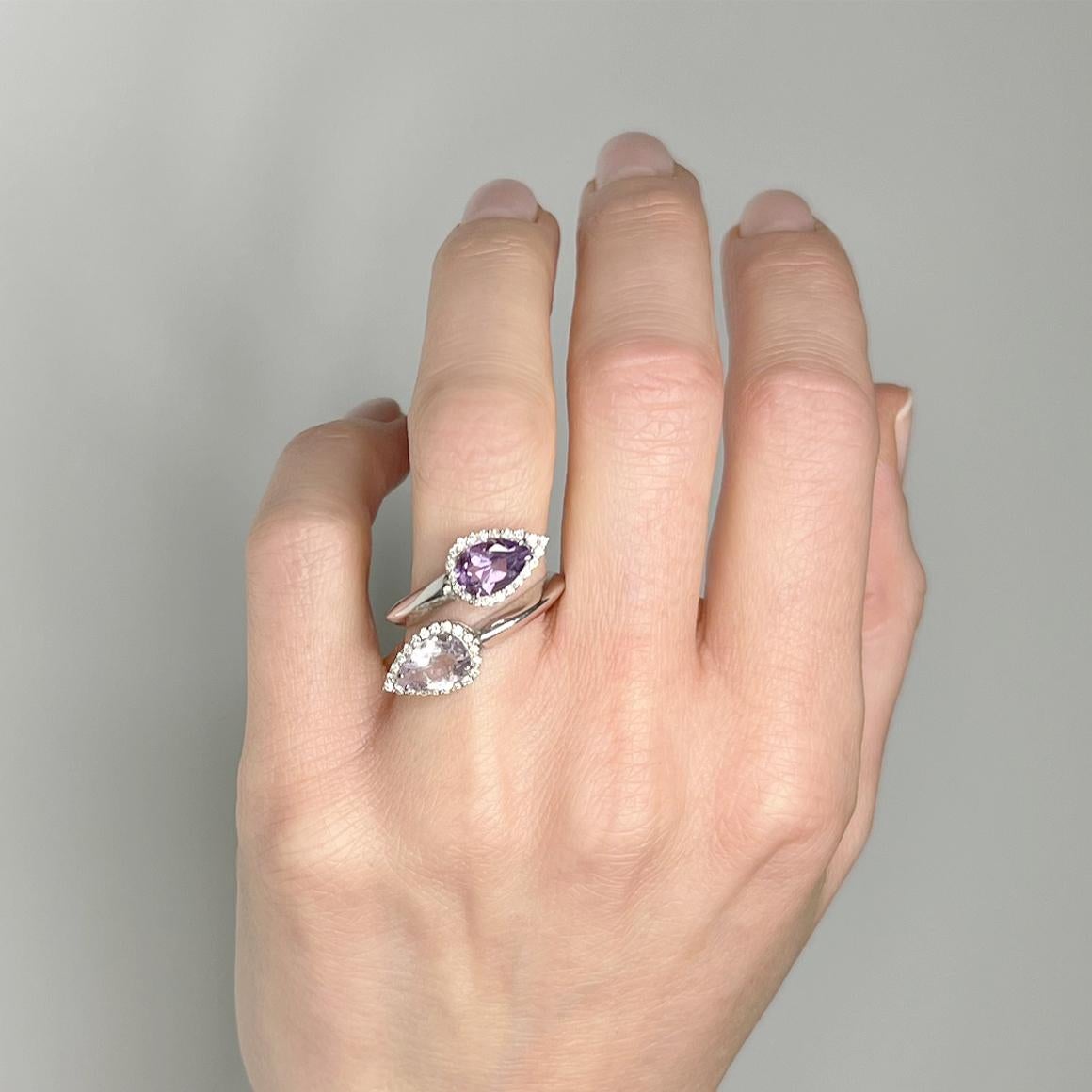 Women's or Men's 18Kt White Gold with Light and Dark Amethyst and White Diamonds Ring For Sale