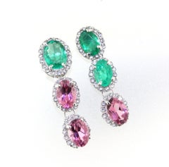 18Kt White Gold with Pink Tourmaline Emeralds Diamonds Classic Stud Earrings