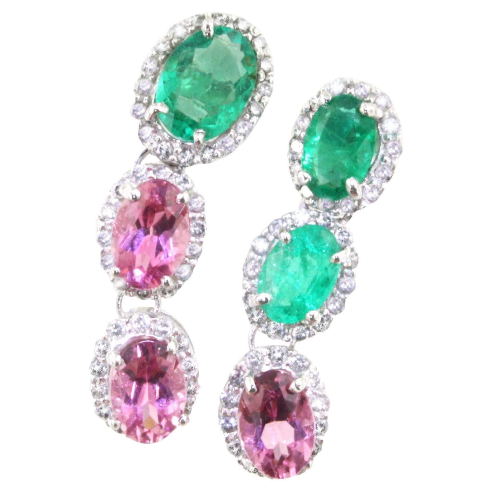 18Kt Weißgold mit rosa Turmalin Smaragden Diamanten Classic Ohrstecker