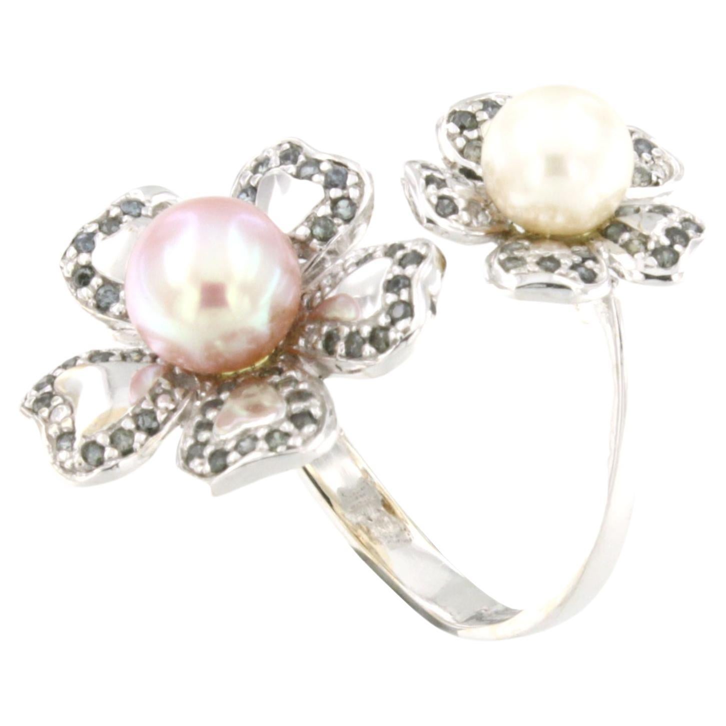 18 Karat Weißgold mit Tansanit und Perlen Blütenblumen Mode-Ring im Angebot