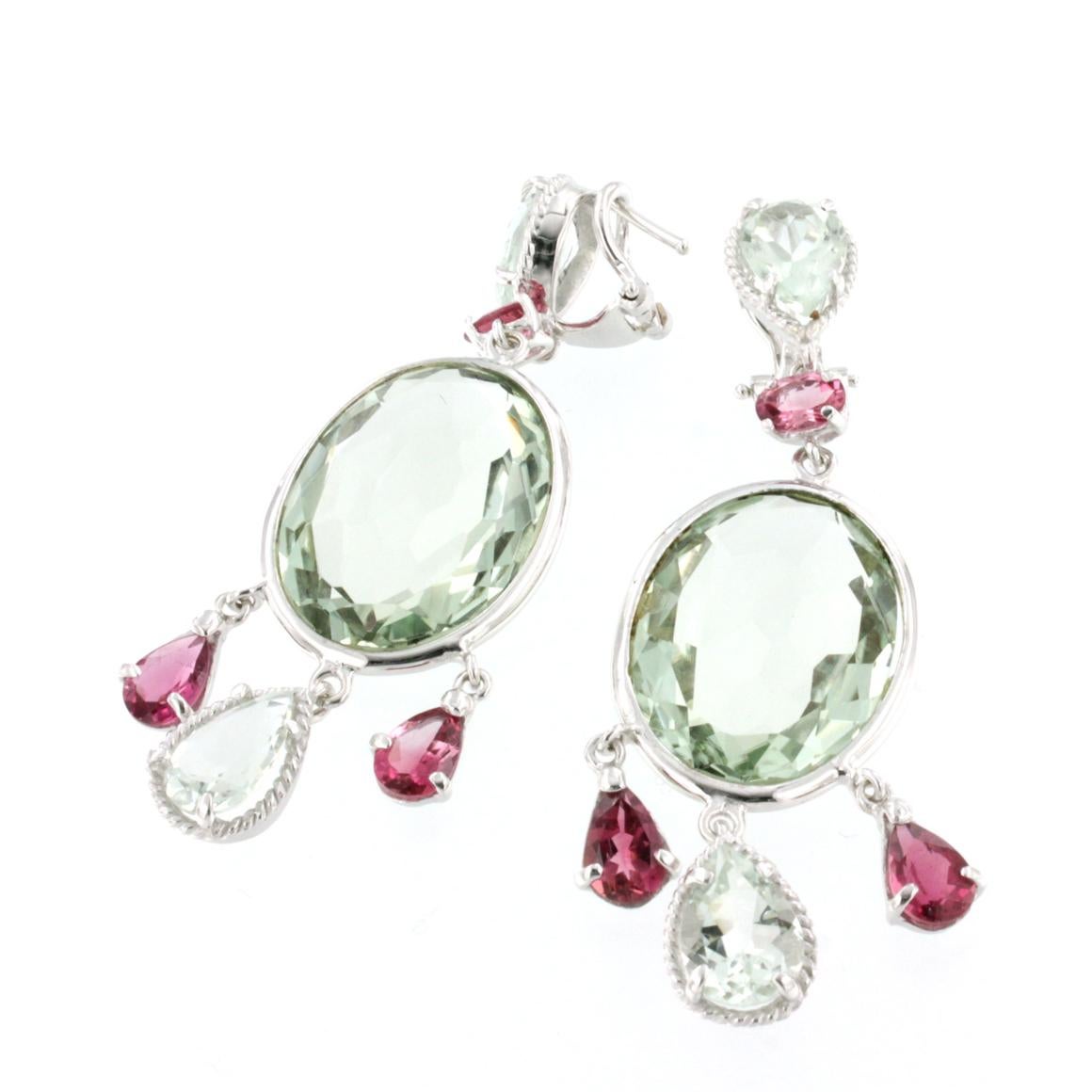 Artisan 18 Karat White Gold with Tourmaline and Prasiolite Earrings For Sale