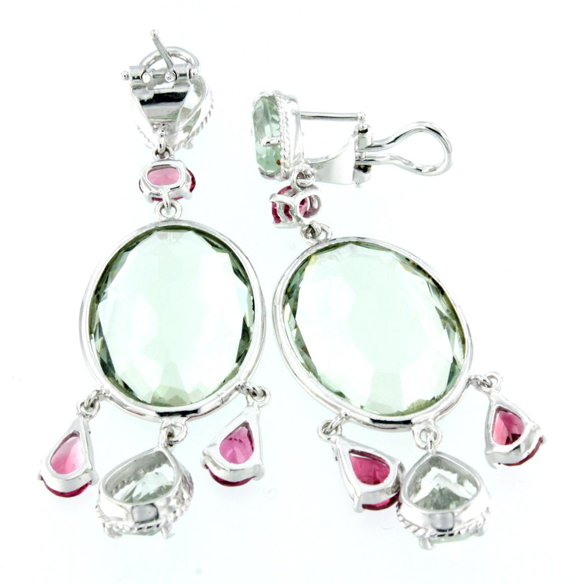 Oval Cut 18 Karat White Gold with Tourmaline and Prasiolite Earrings For Sale