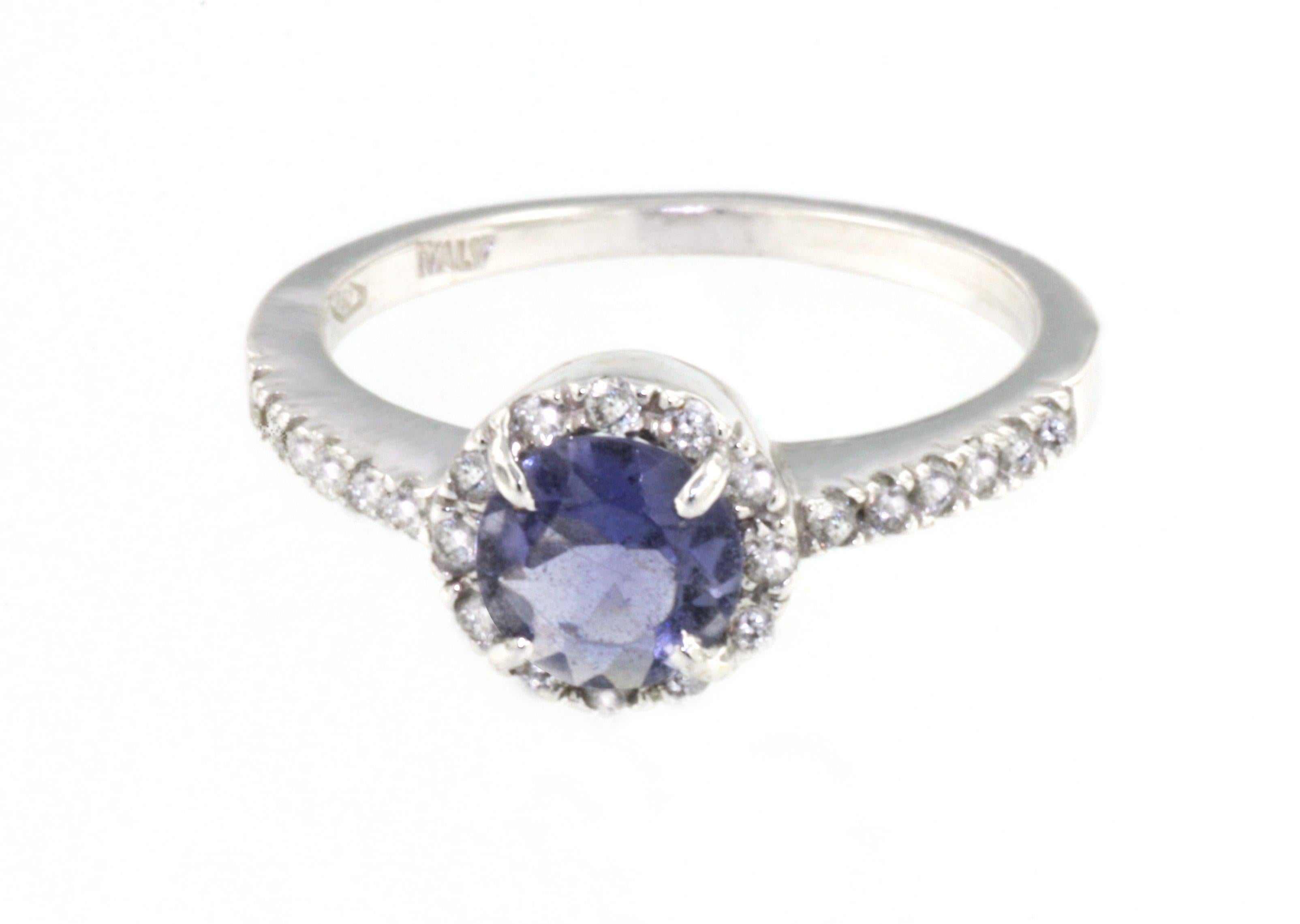 Round Cut 18Kt White Gold with White Diamonds and Iolite Ring For Sale