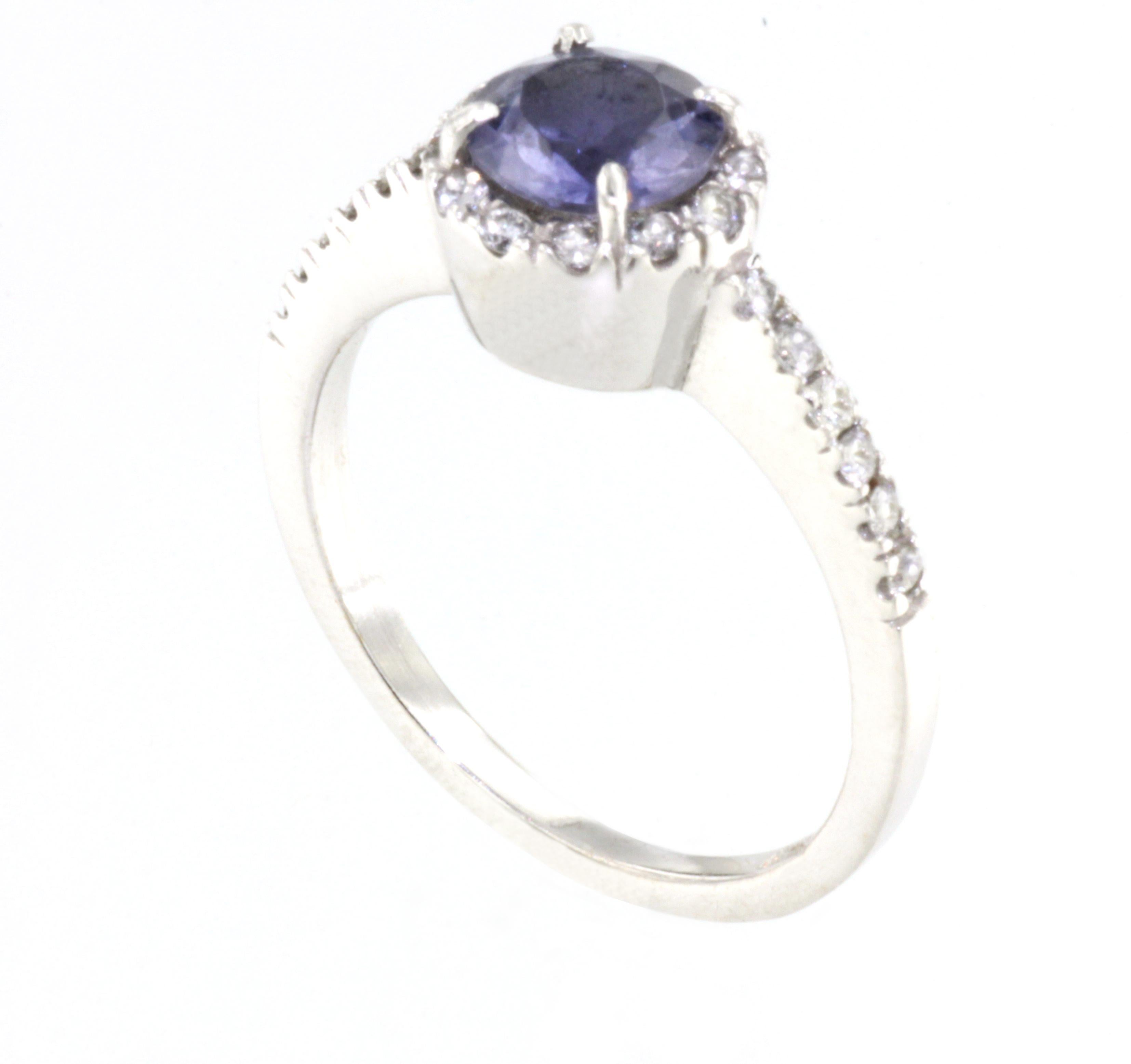 Women's or Men's 18Kt White Gold with White Diamonds and Iolite Ring For Sale