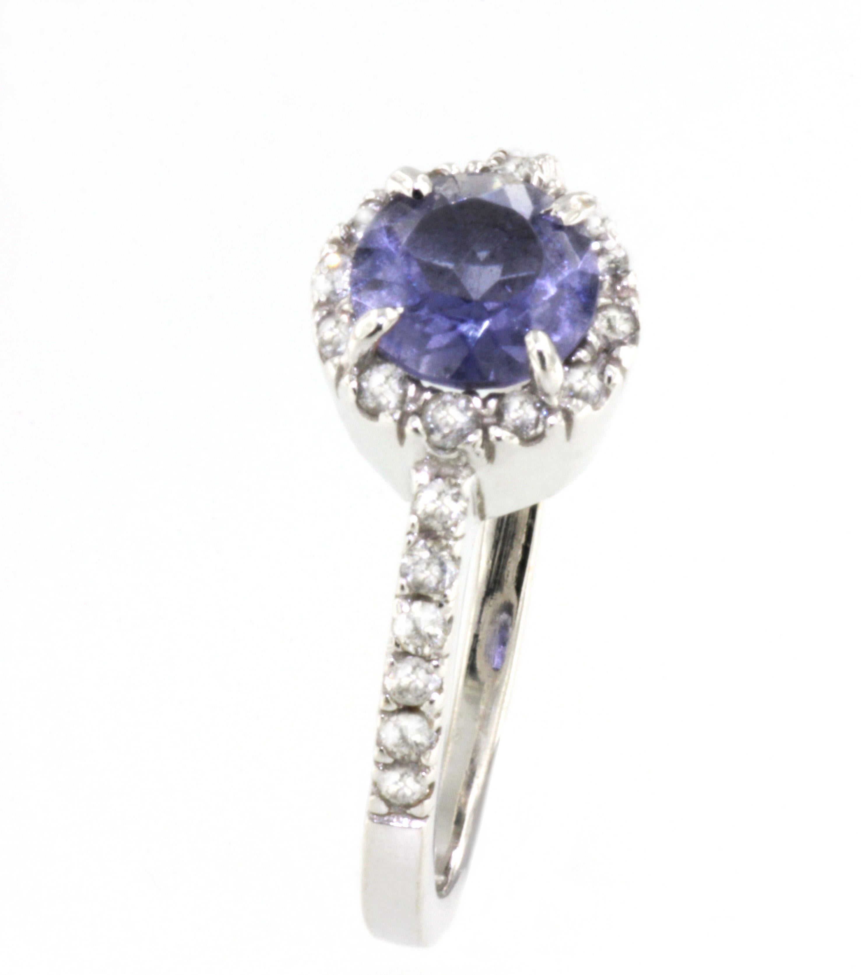 18Kt White Gold with White Diamonds and Iolite Ring For Sale