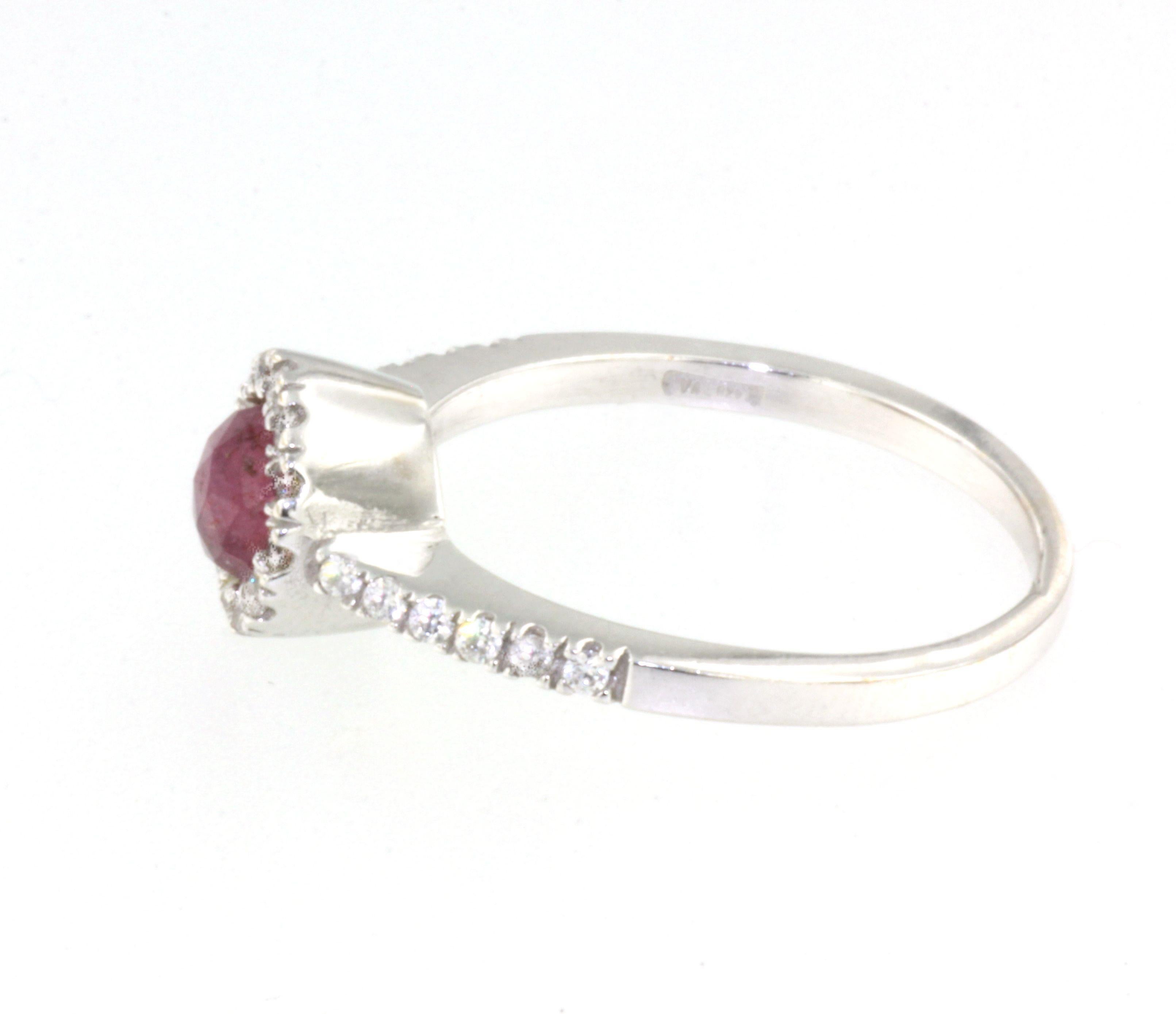 Women's or Men's 18Kt White Gold with White Diamonds and Pink Ruby Ring For Sale
