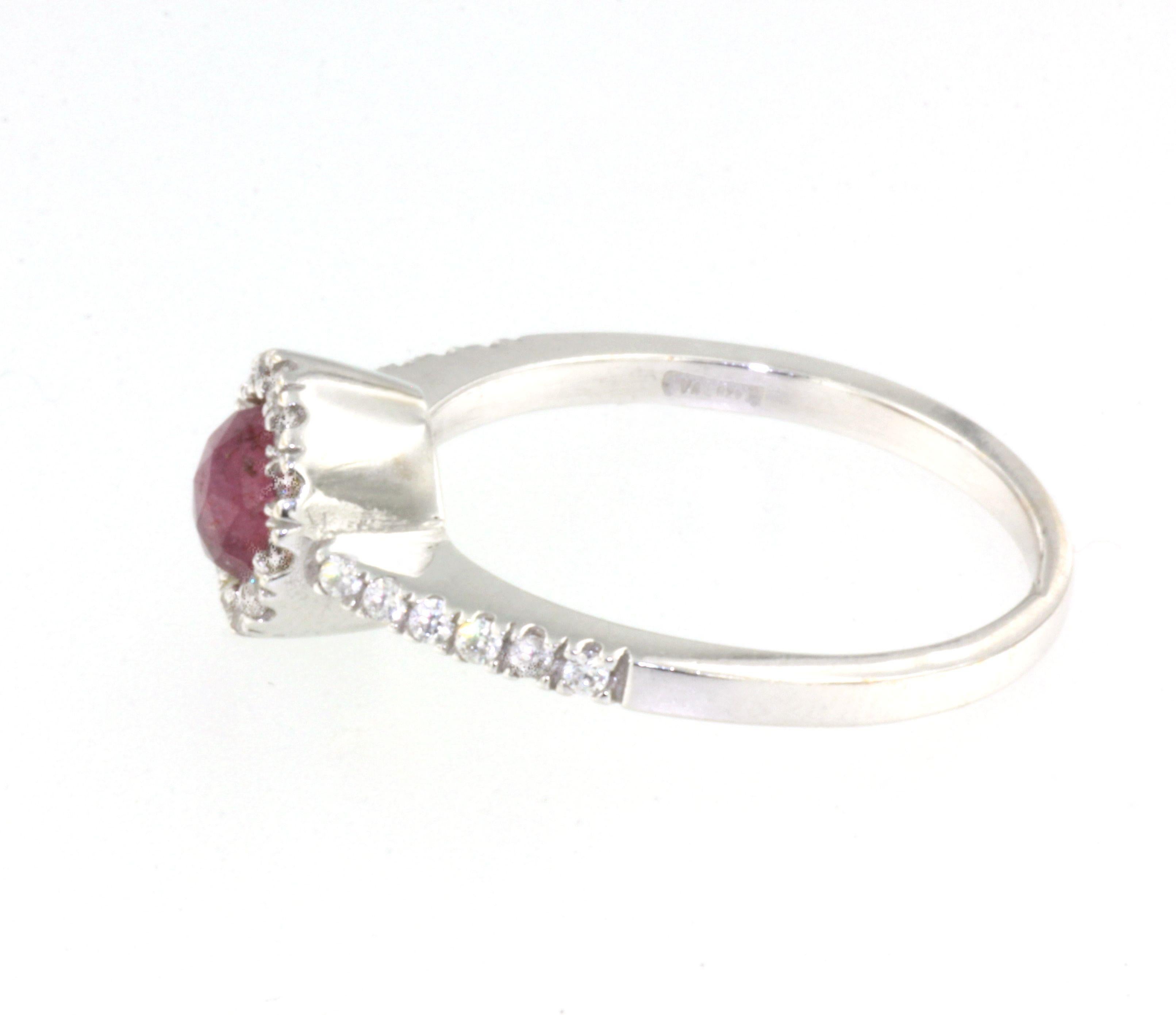 Women's or Men's 18Kt White Gold with White Diamonds and Pink Ruby Cocktail Classic Ring For Sale