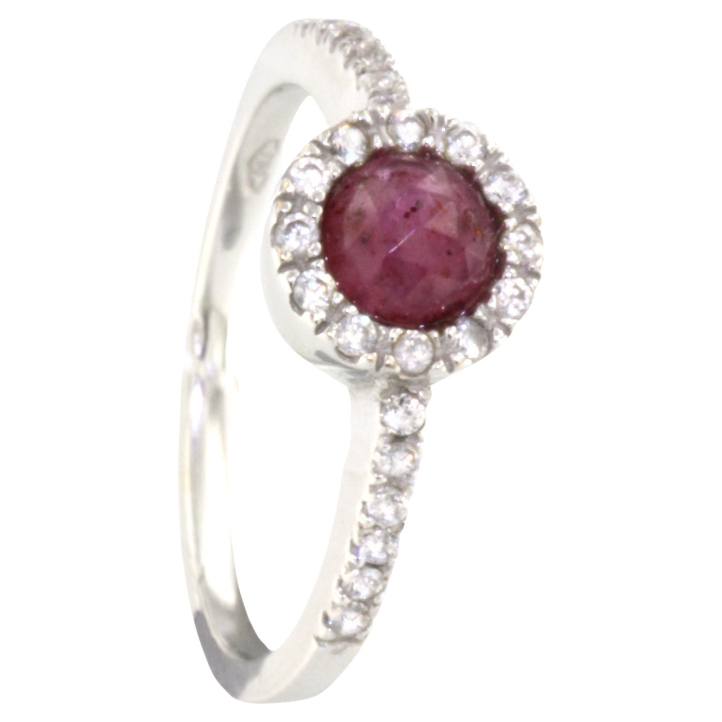 18Kt White Gold with White Diamonds and Pink Ruby Ring For Sale