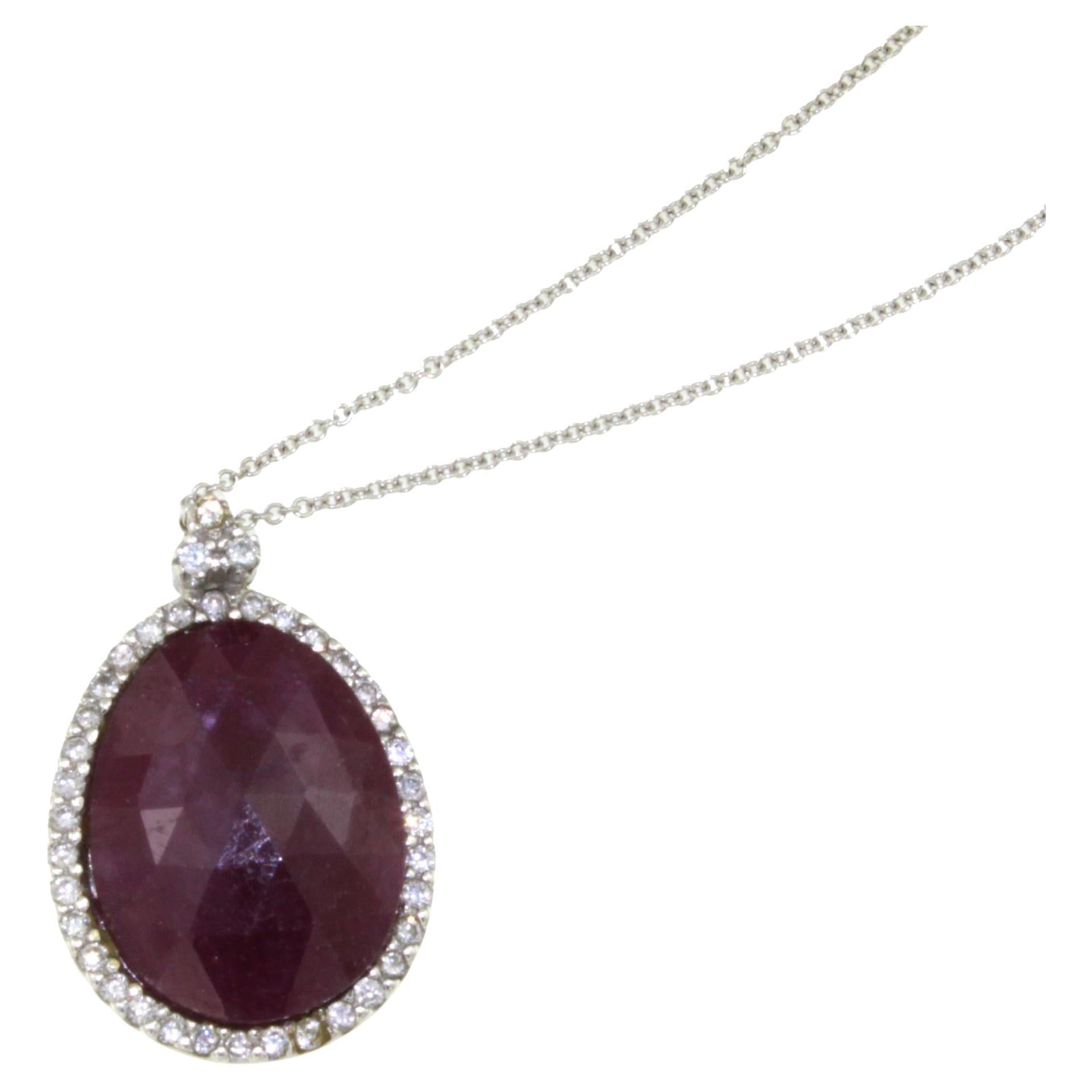 18Kt White Gold with White Diamonds and Red Root Ruby Modern Choker Necklace