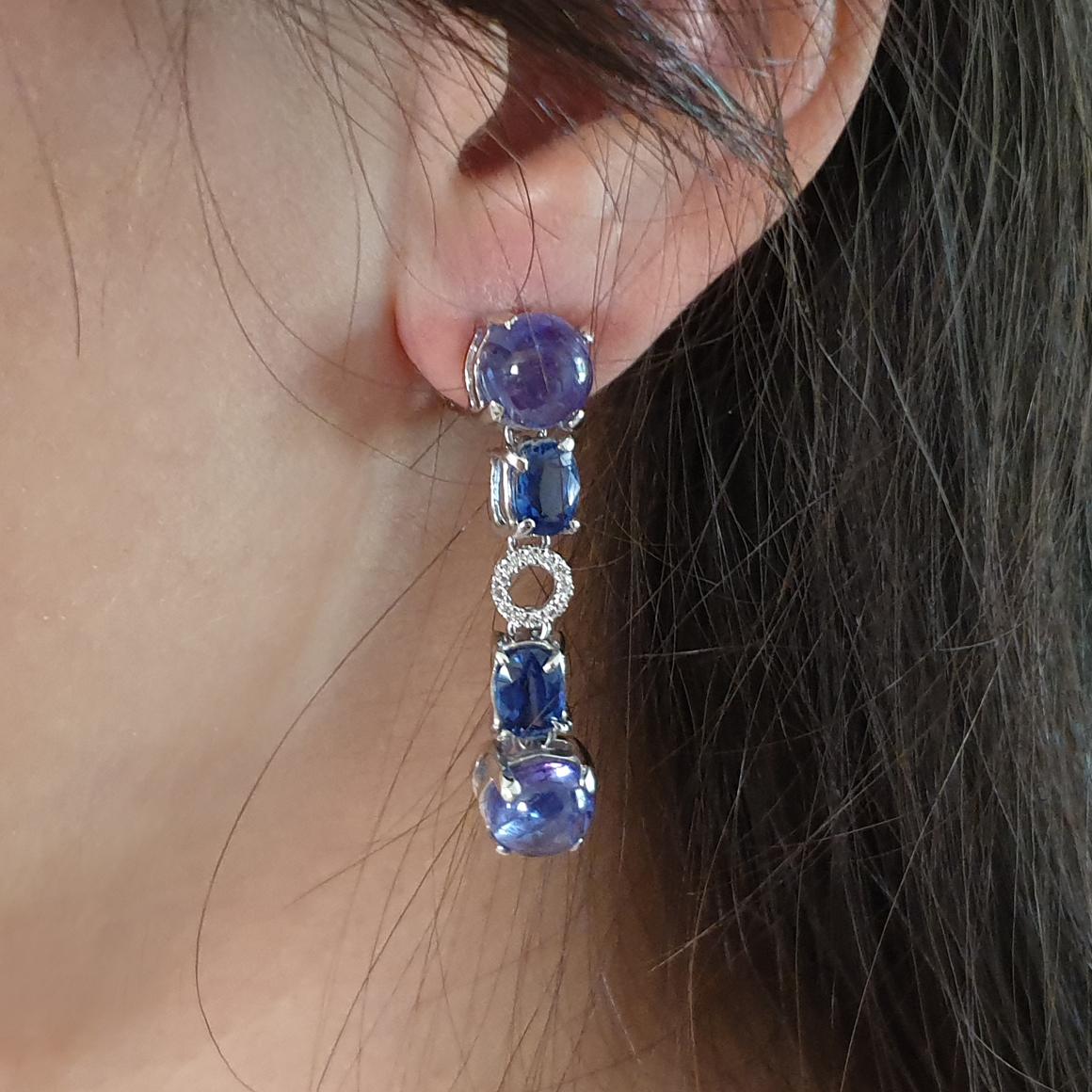 Modern 18Kt White Gold with White Diamonds and Tanzanite Earrings
