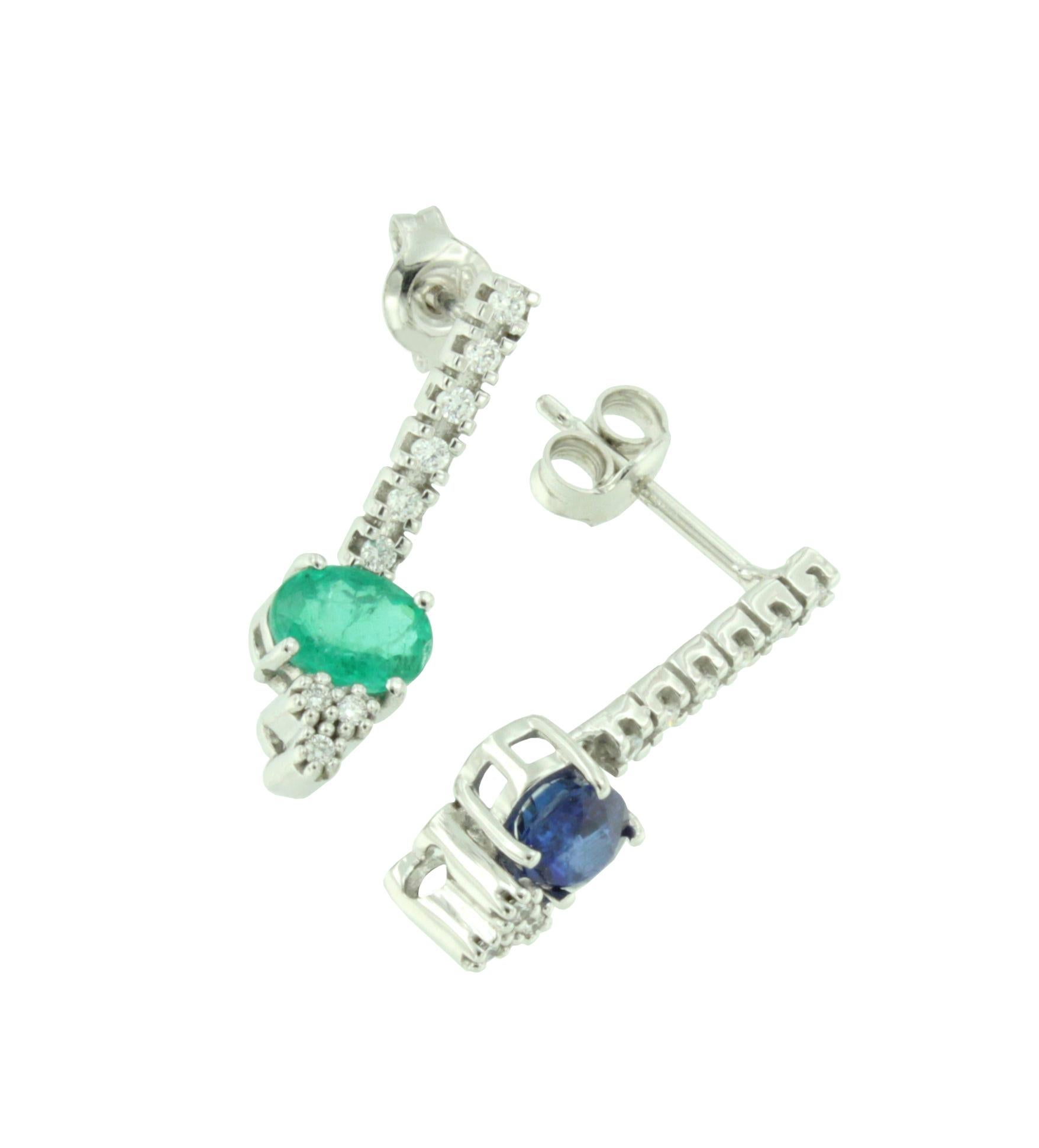 Oval Cut 18Kt White Gold with White Diamond Emerald Blue Sapphire Classic Modern Earrings For Sale
