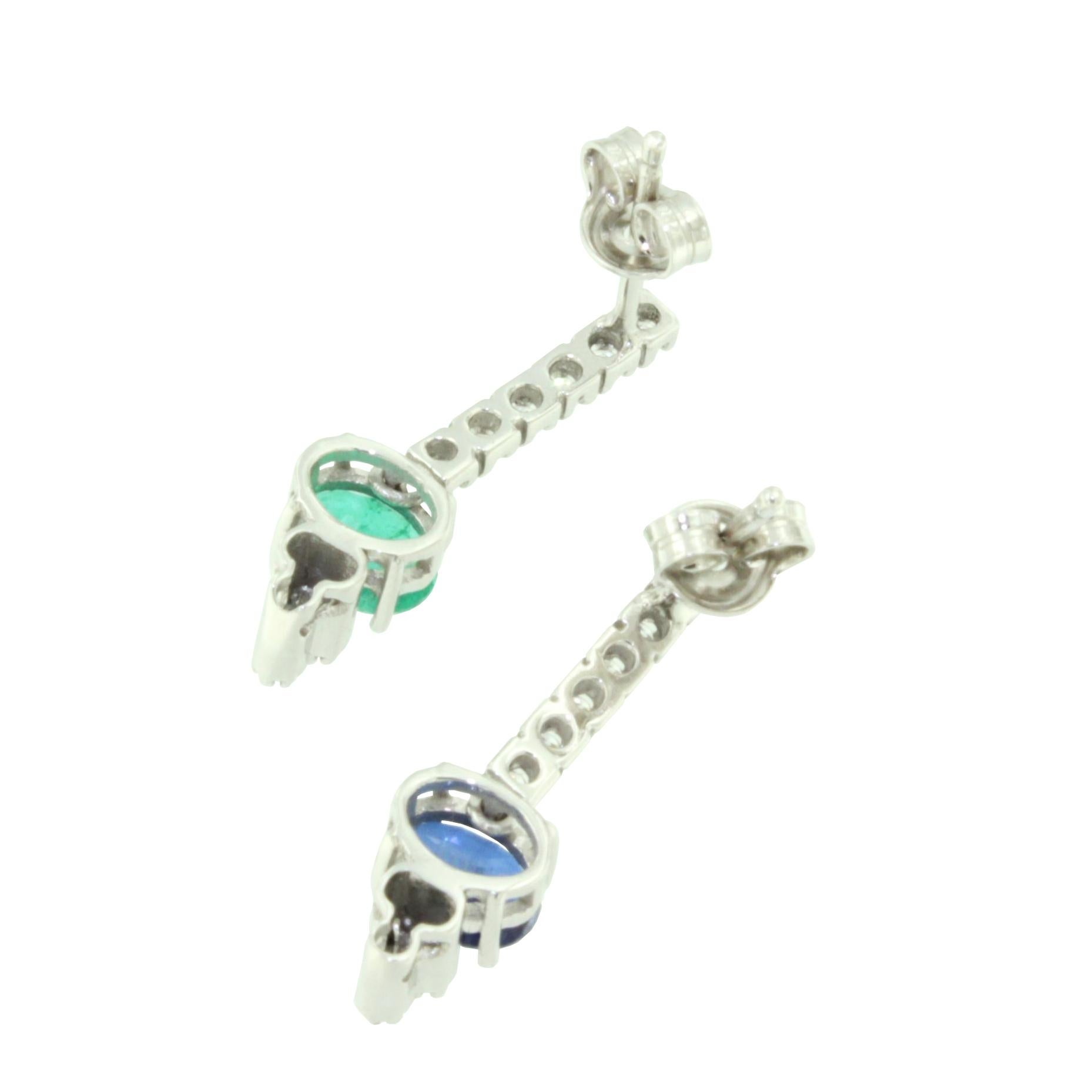 Women's or Men's 18Kt White Gold with White Diamond Emerald Blue Sapphire Classic Modern Earrings For Sale