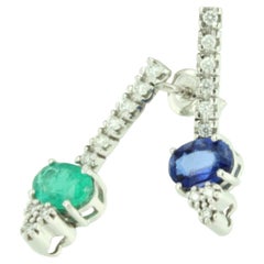 18Kt White Gold with White Diamond Emerald Blue Sapphire Classic Modern Earrings