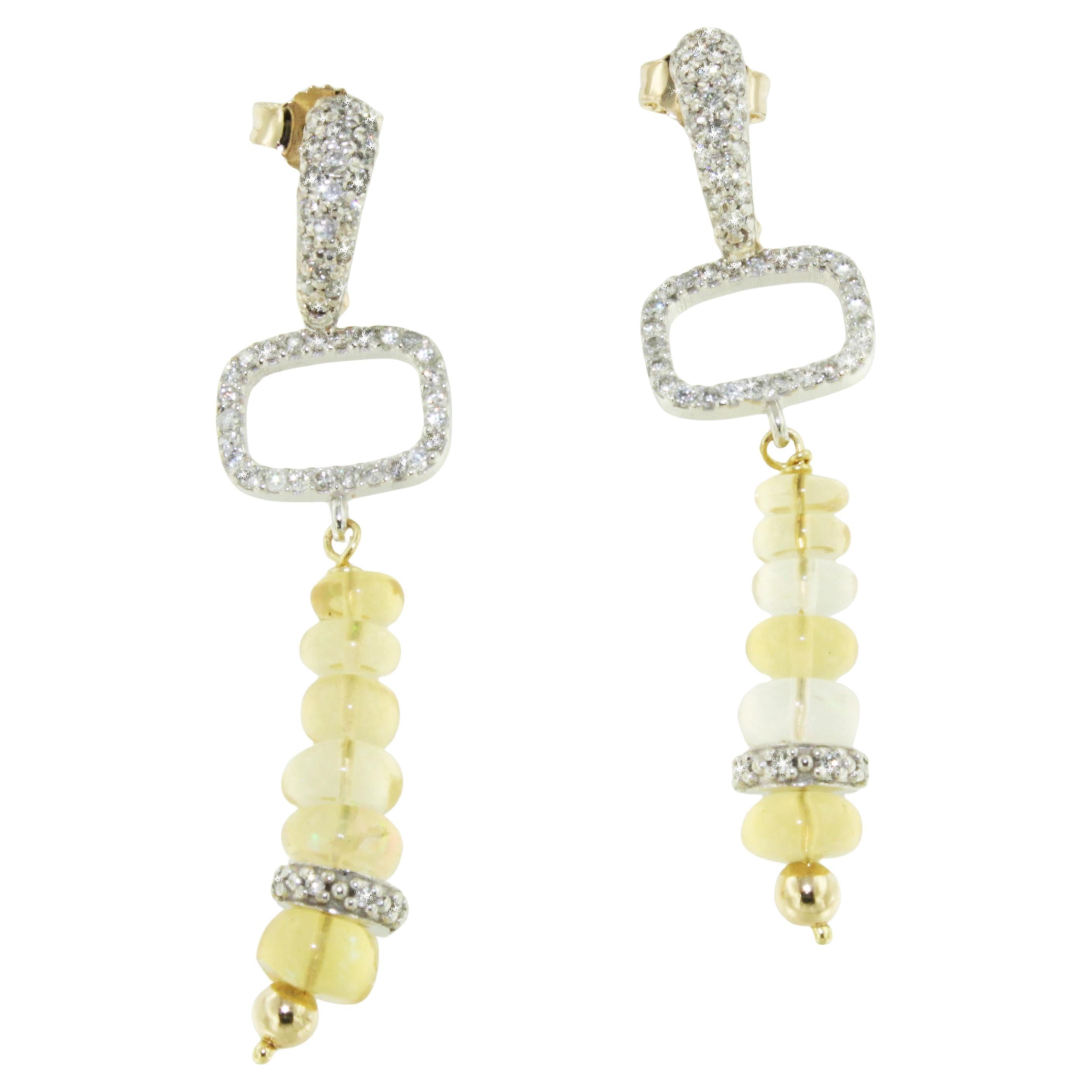 18Kt White Gold With Yellow Opal And White Diamonds Chandelier Modern Earrings