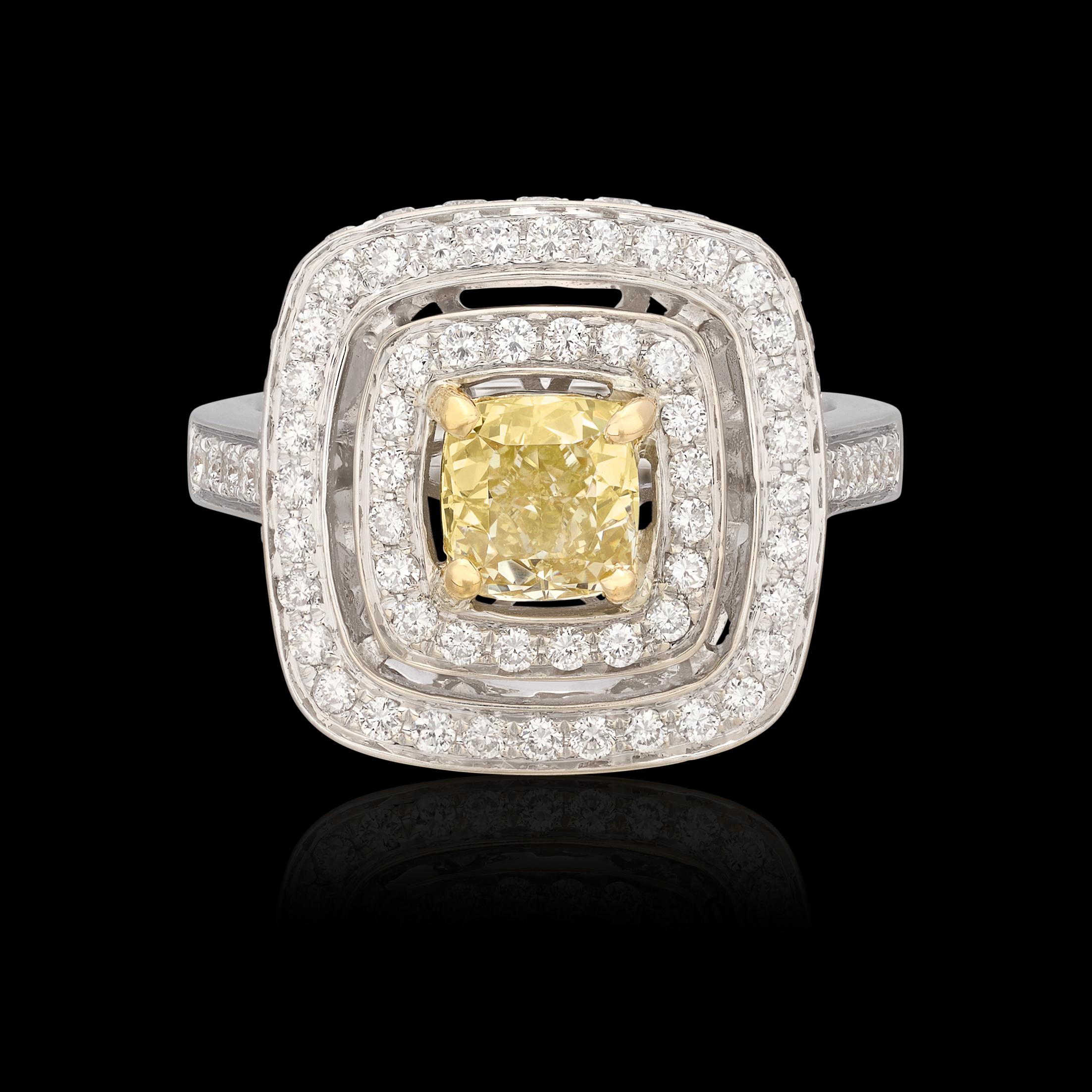 Cushion Cut 18 Karat White Gold Yellow Diamond Ring For Sale