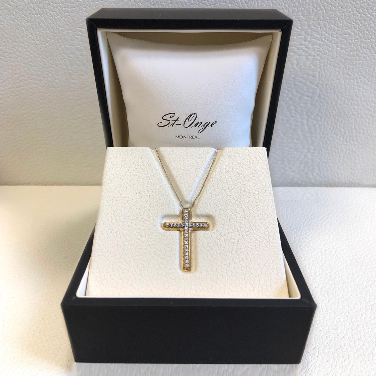 Contemporary 18 Karat White Gold and Gold Diamond Cross Pendant on a 18 Karat Gold Chain For Sale