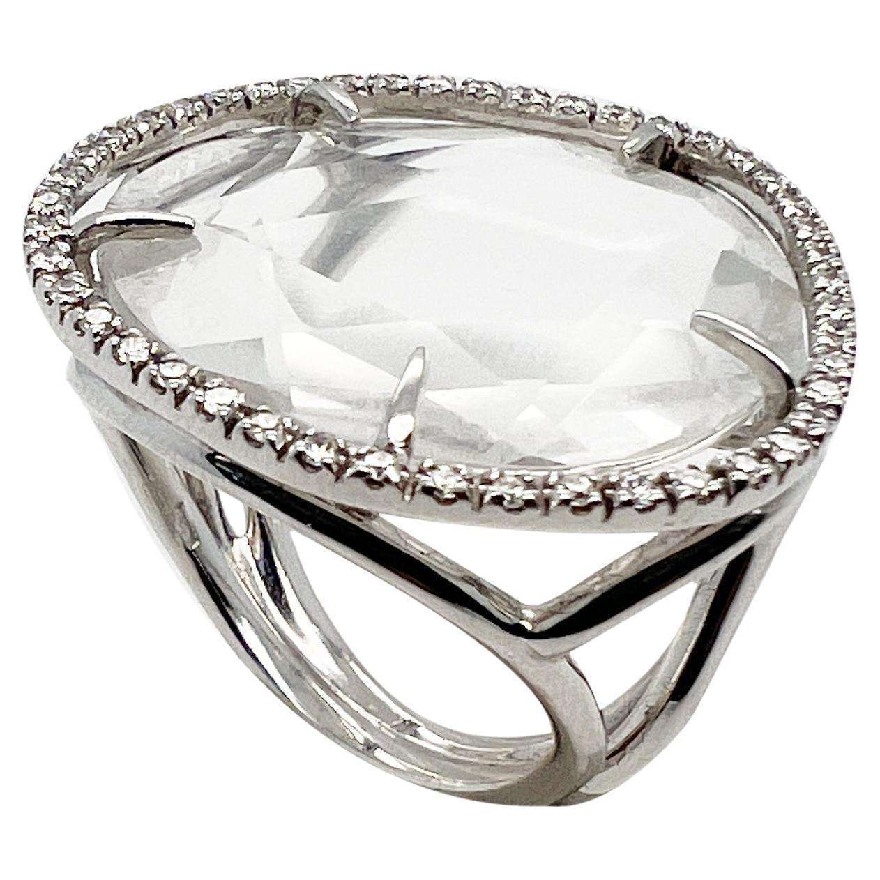 18kt white ring with diamonds & rock crystal