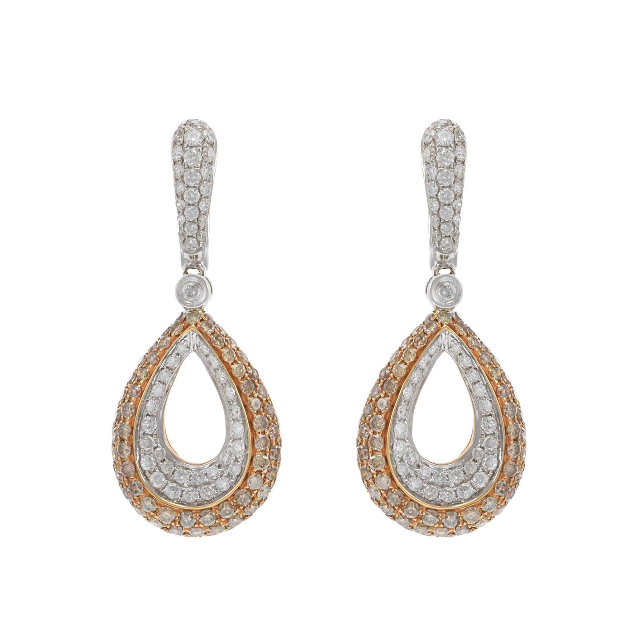 18 Kt. Weiß- und Rotgold Champagner und weiße Diamanten Teardrop-Ohrringe (Brillantschliff) im Angebot