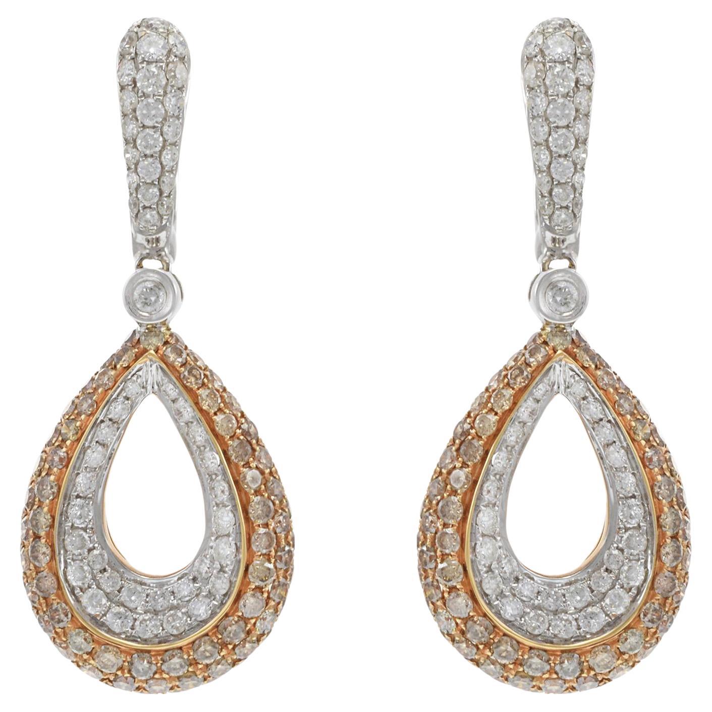 Boucles d'oreilles gouttes en or blanc et rose 18KT, champagne et diamants blancs