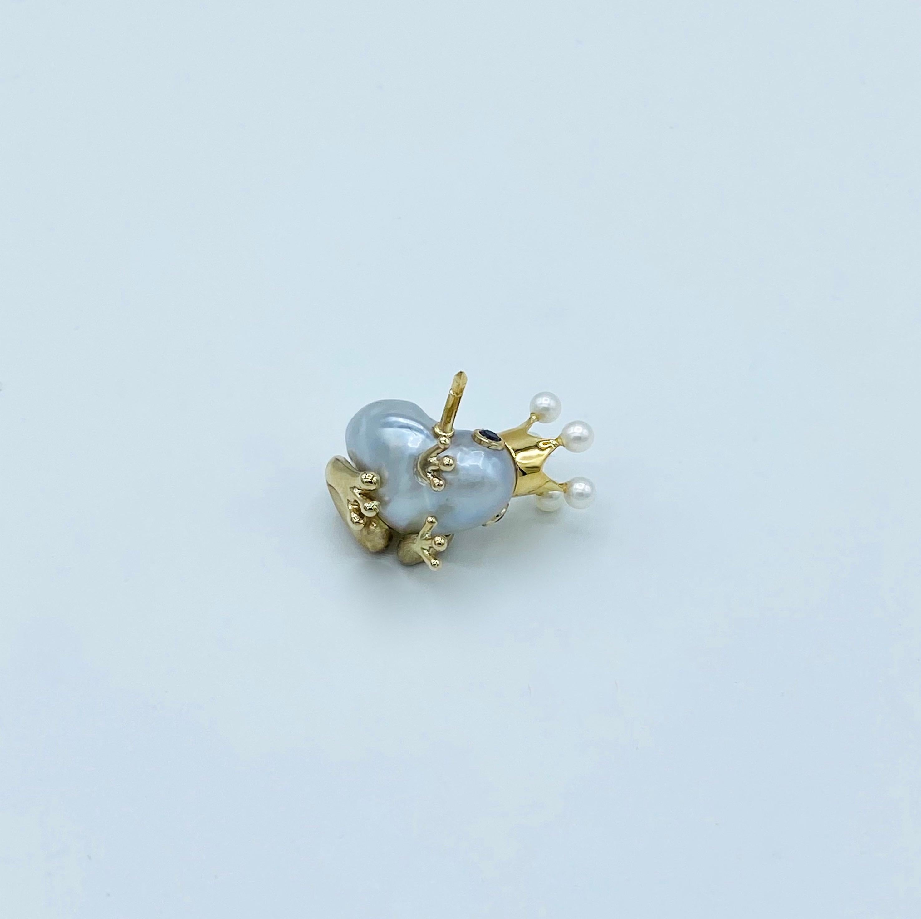 18 Karat White Yellow Gold Black Diamond Australian Pearl Beads Frog Pin Brooch 4
