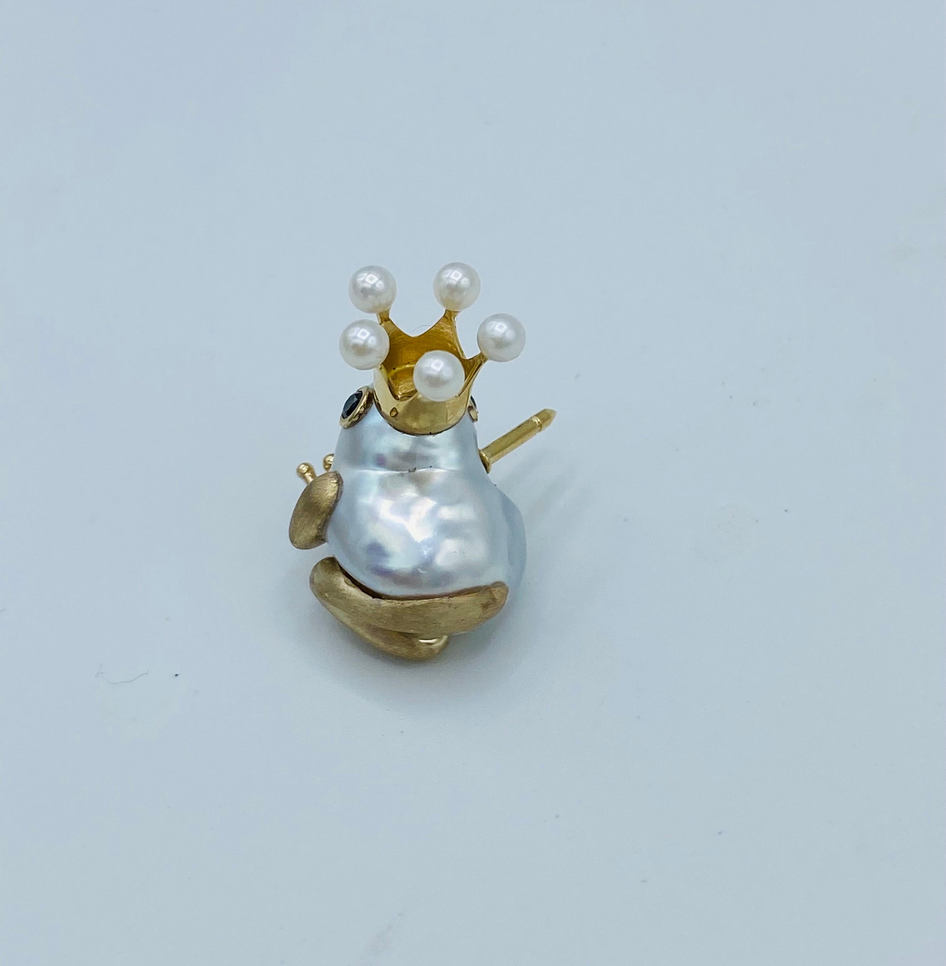 18 Karat White Yellow Gold Black Diamond Australian Pearl Beads Frog Pin Brooch 5