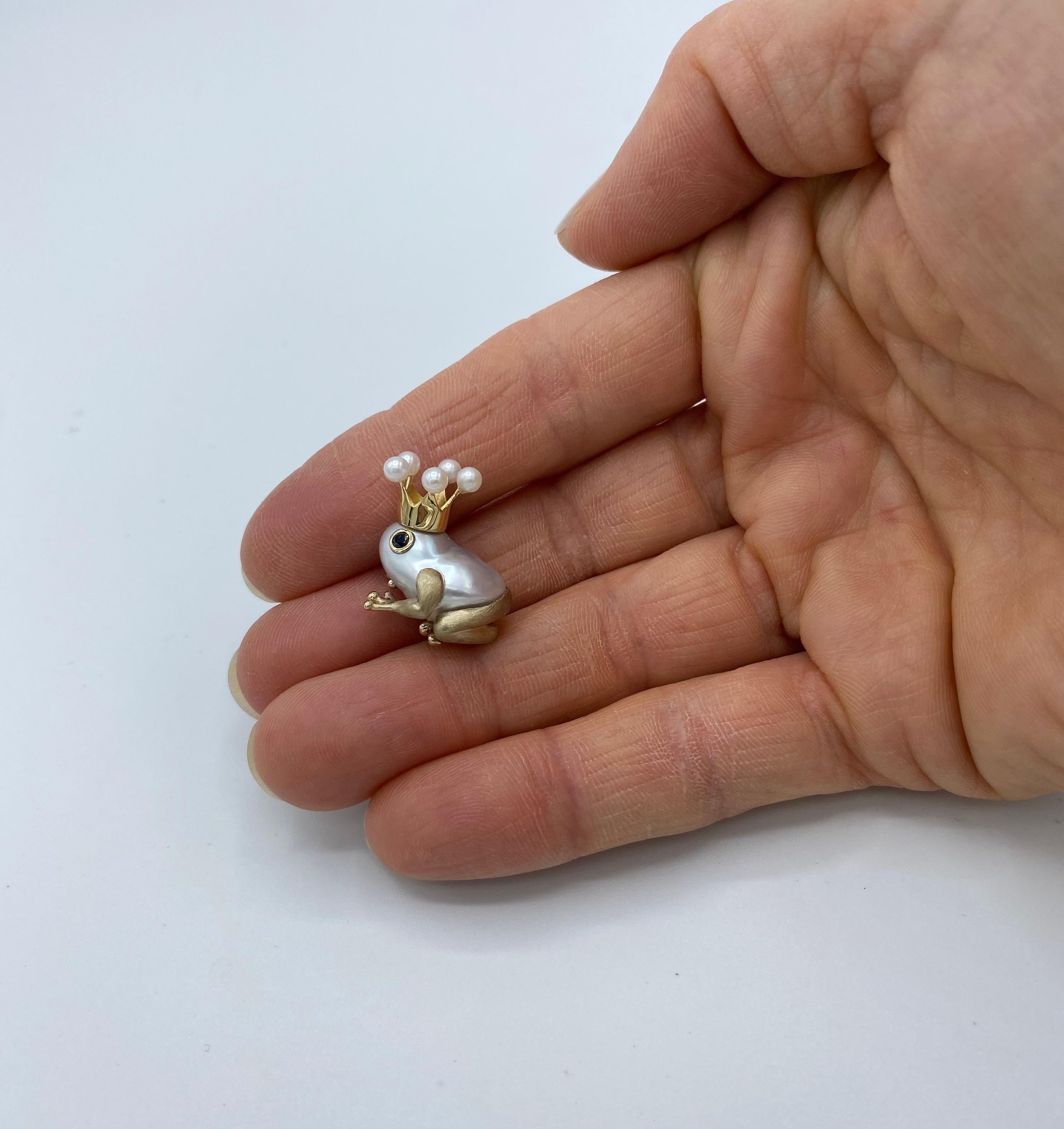 18 Karat White Yellow Gold Black Diamond Australian Pearl Beads Frog Pin Brooch 6