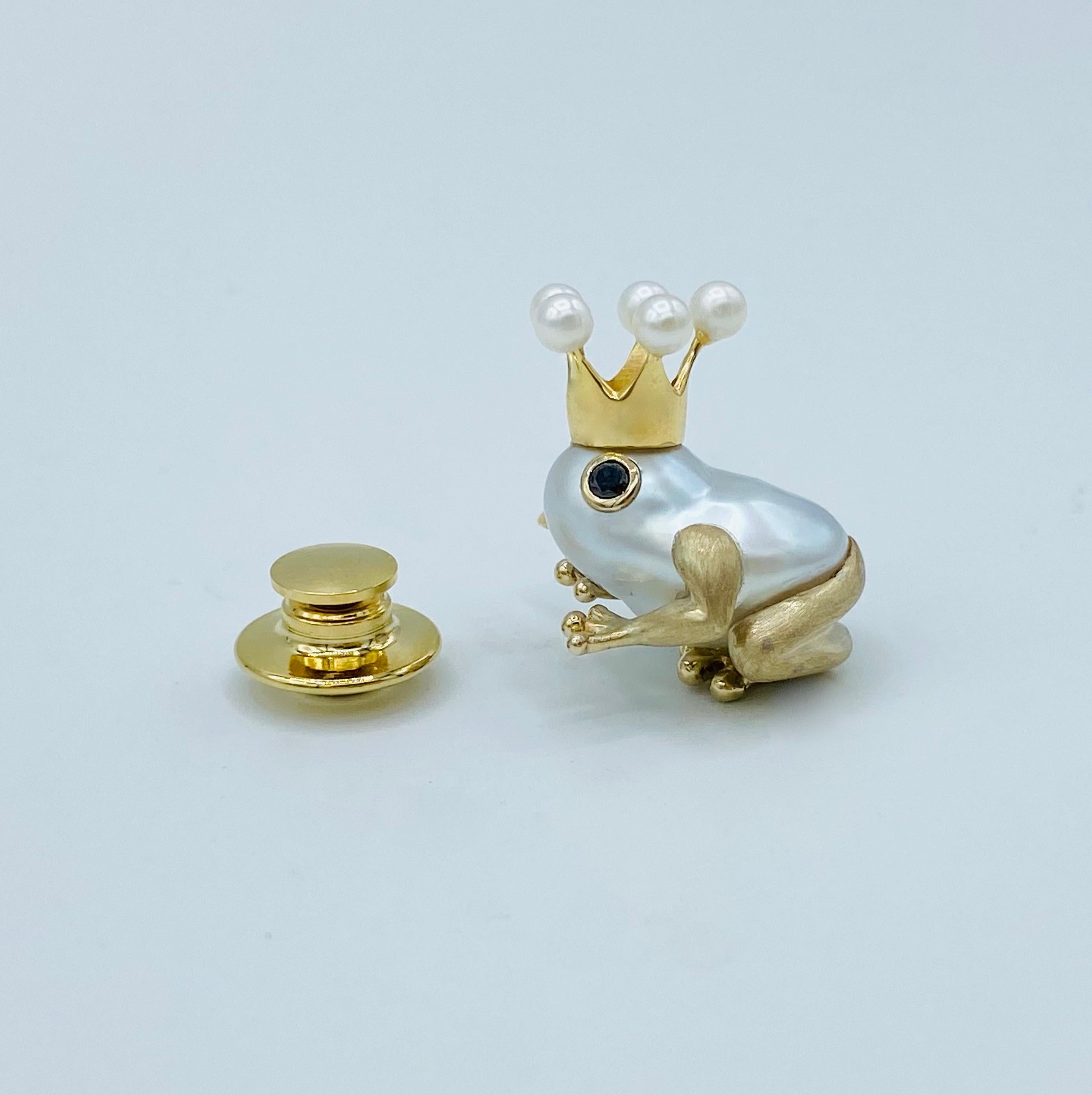 Women's or Men's 18 Karat White Yellow Gold Black Diamond Australian Pearl Beads Frog Pin Brooch