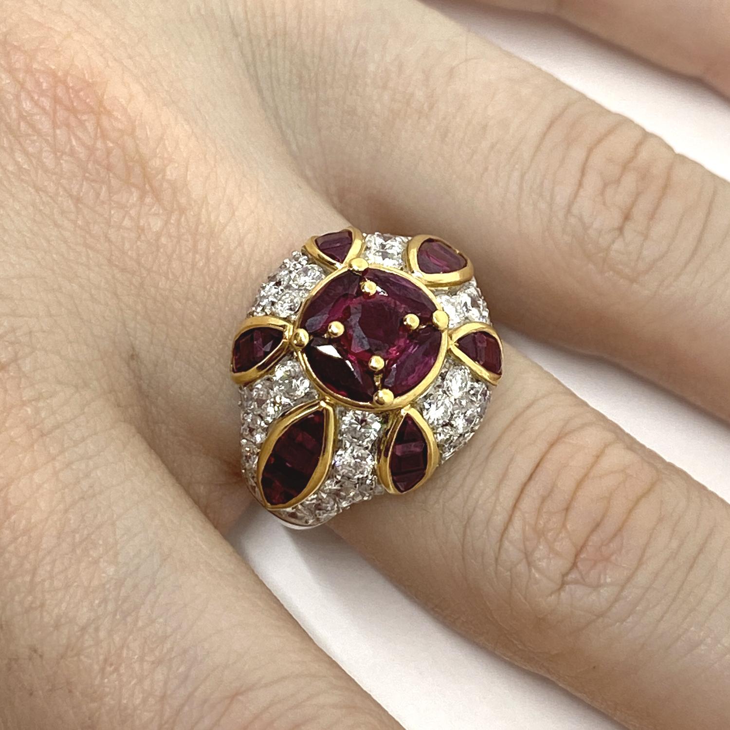 Ring made of 18kt yellow and white gold with white brilliant-cut natural diamonds for ct.1.80 and natural navette-cut and baguette-cut rubies for ct.3.30

Welcome to our jewelry collection, where every piece tells a story of timeless elegance and