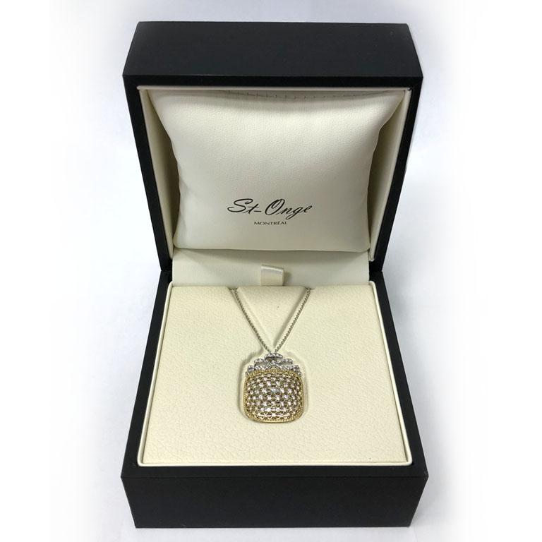 Women's 18Kt White & Yellow Gold Victorian Cushion Chain Pendant with white diamonds For Sale