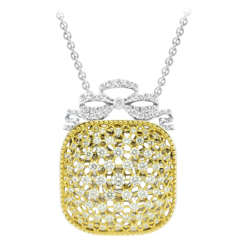 18Kt White & Yellow Gold Victorian Cushion Chain Pendant with white diamonds For Sale