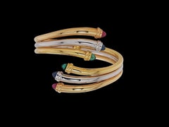 Bracelet manchette en or blanc, rose et jaune 18 carats avec cabochon de rubis, saphir et émeraude