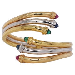 18kt White, Pink &Yellow Gold Cuff Bracelet with Cabochon Ruby, Sapphire, Emerald