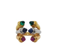 18kt White, Yellow Pink Gold Ring with Cabochon Sapphire, Emerald & Ruby