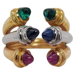 18kt White, Yellow Pink Gold Ring with Cabochon Sapphire, Emerald & Ruby