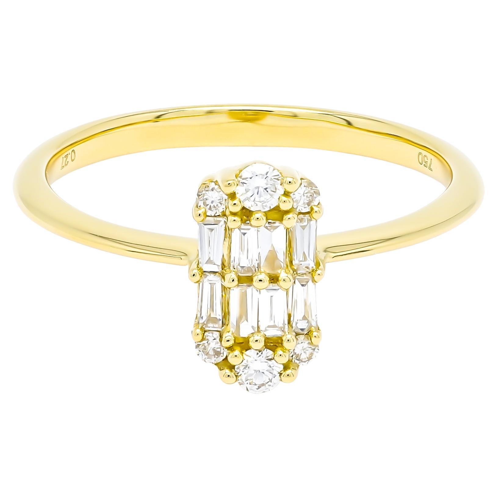 Bague Art déco en or jaune 18 carats avec diamants ronds baguettes naturels et grappe d'illusion